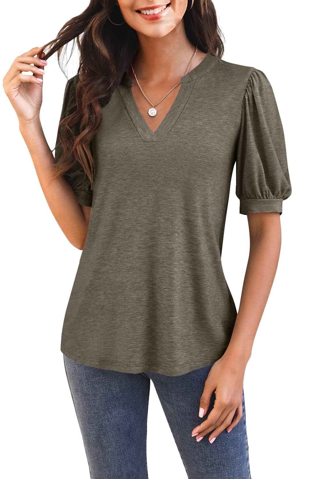 GeGekoko Camisetas de manga corta con cuello en V para mujer, informales, blusas holgadas, blusas básicas de verano