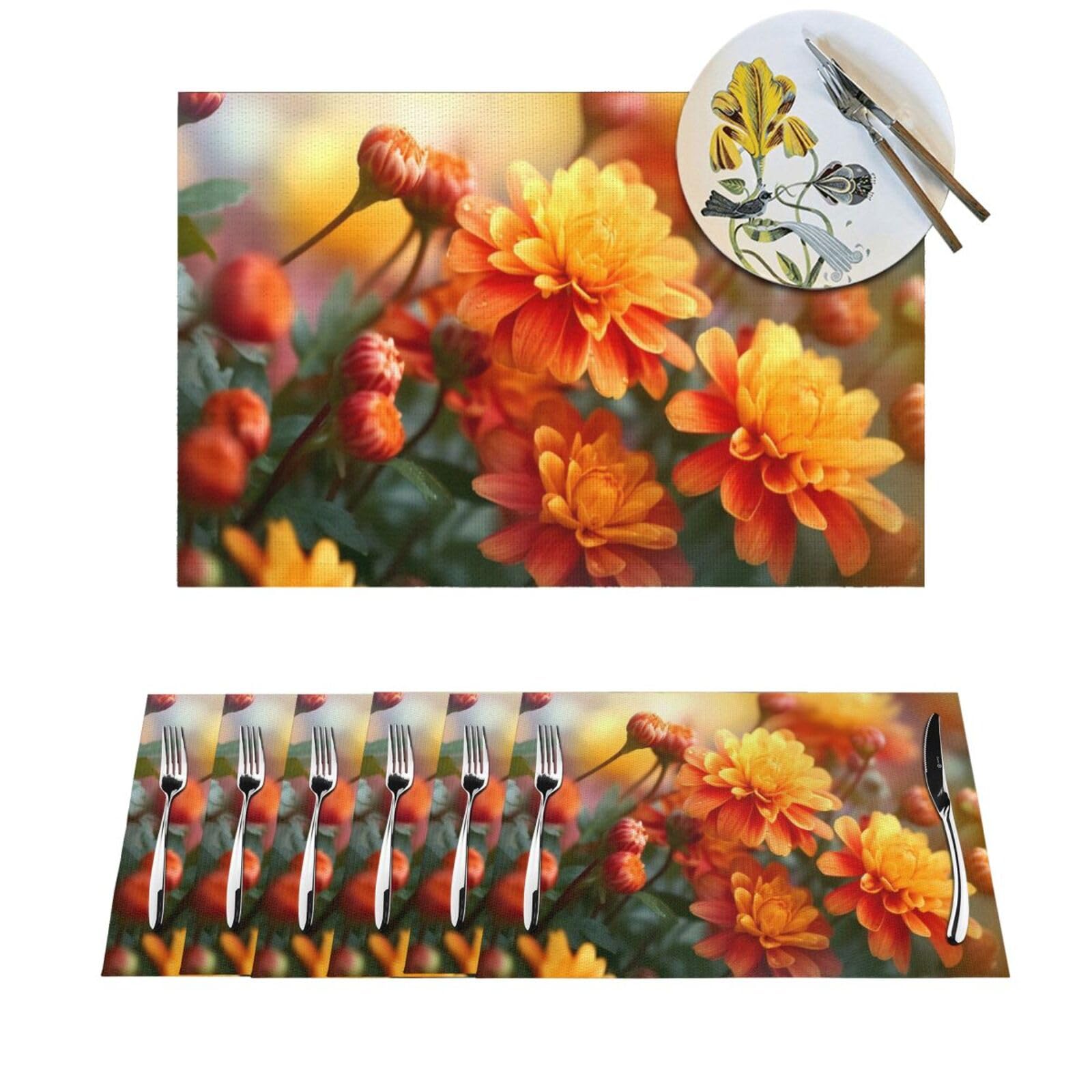 Sets de table motif fleurs d'automne en PVC souple et lavable