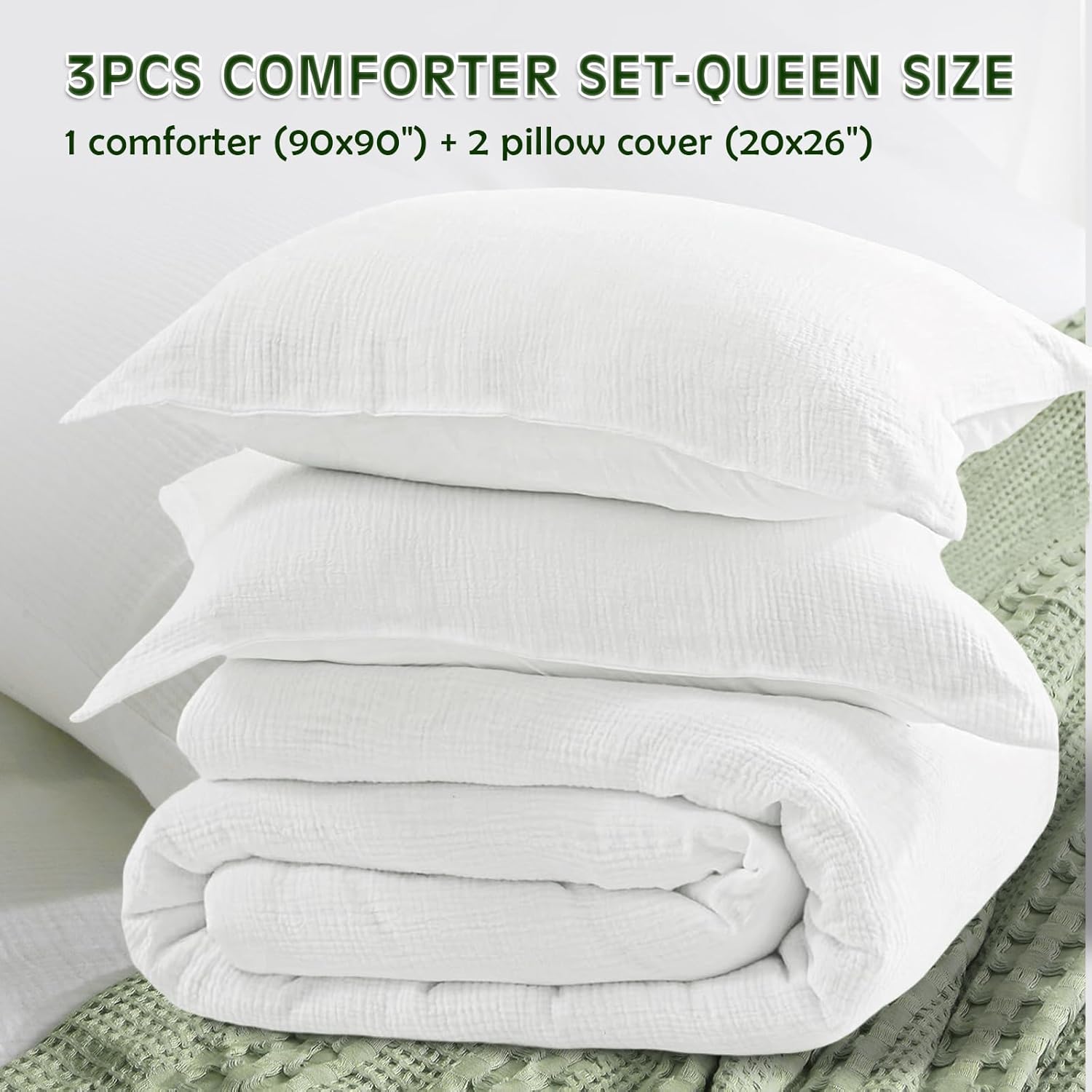 100% Cotton Muslin Comforter Set Queen Size - Ultra Soft Breathable All Season Bedding, 3 Piece Gauze Quilt Cover Set with Comforter (90"x90") and 2 Pillow Shams, Crinkle Texture, White