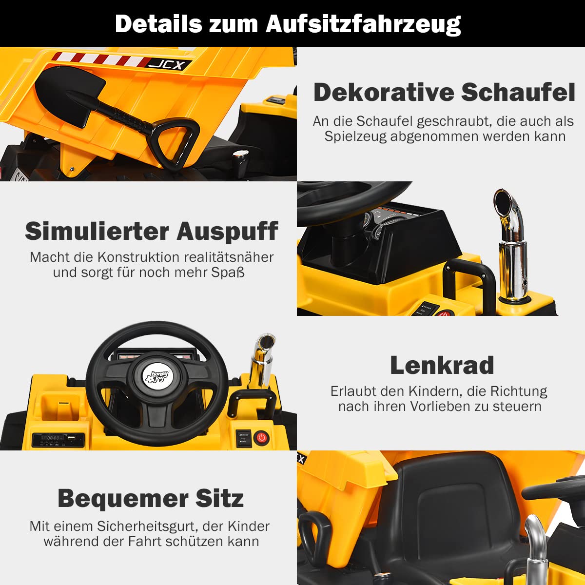 COSTWAY 12V Kinder Traktor mit elektrischen Heckschaufel, 3-Gang Aufsitztraktor mit 2,4G-Fernbedienung, Lichtern, Musik und Radio, Elektrotraktor 3-5 km/h für Kinder von 3-8 Jahren