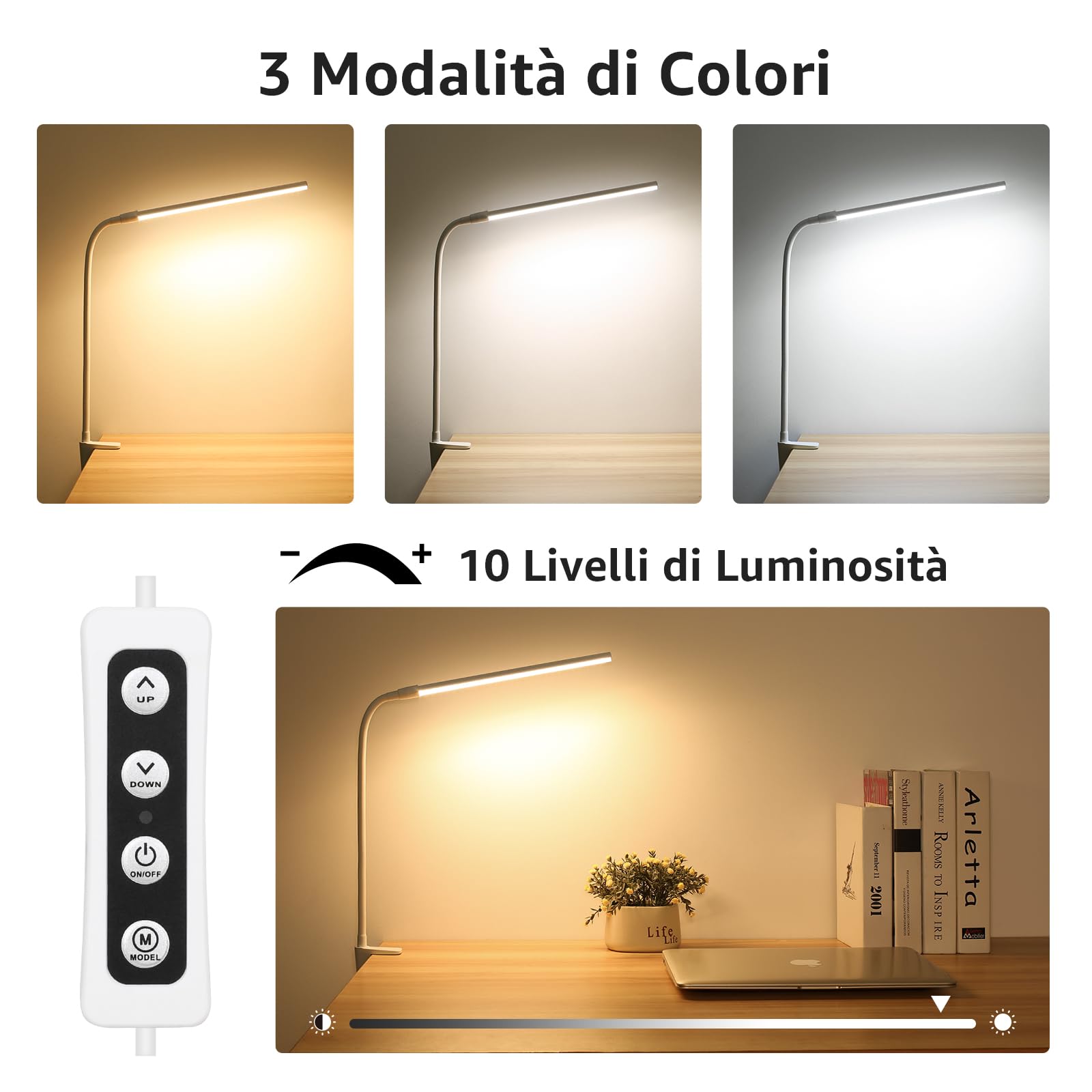 Lepro Lampada da Scrivania LED con Morsetto, Lampada da Tavolo con 3 Modalità, 10 Livelli di Luminosità, Luce Scrivania Dimmerabile e Protezione degli Occhi per Lettura, Studio, Ufficio, Bianco