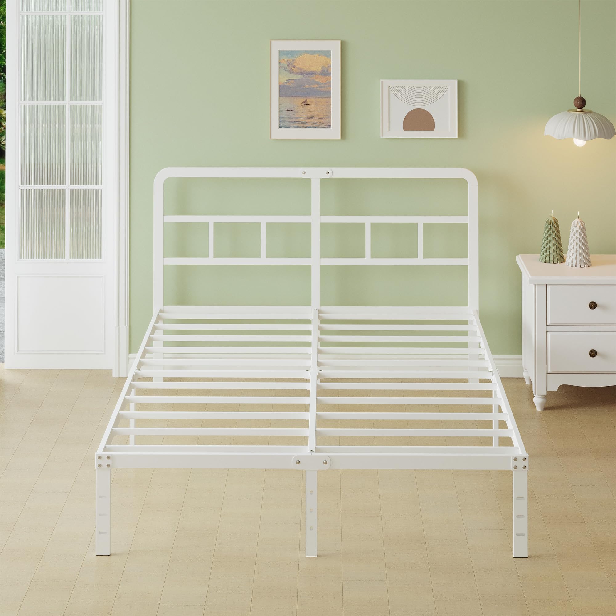 Lutown-Teen Super King Bed Frame 6ft with Curved Headboard, 36 cm High, Heavy Duty White Metal Bed Frames Super King Size 180x200 with Steel Slats, Ample Storage Underneath, Easy Assembly, White