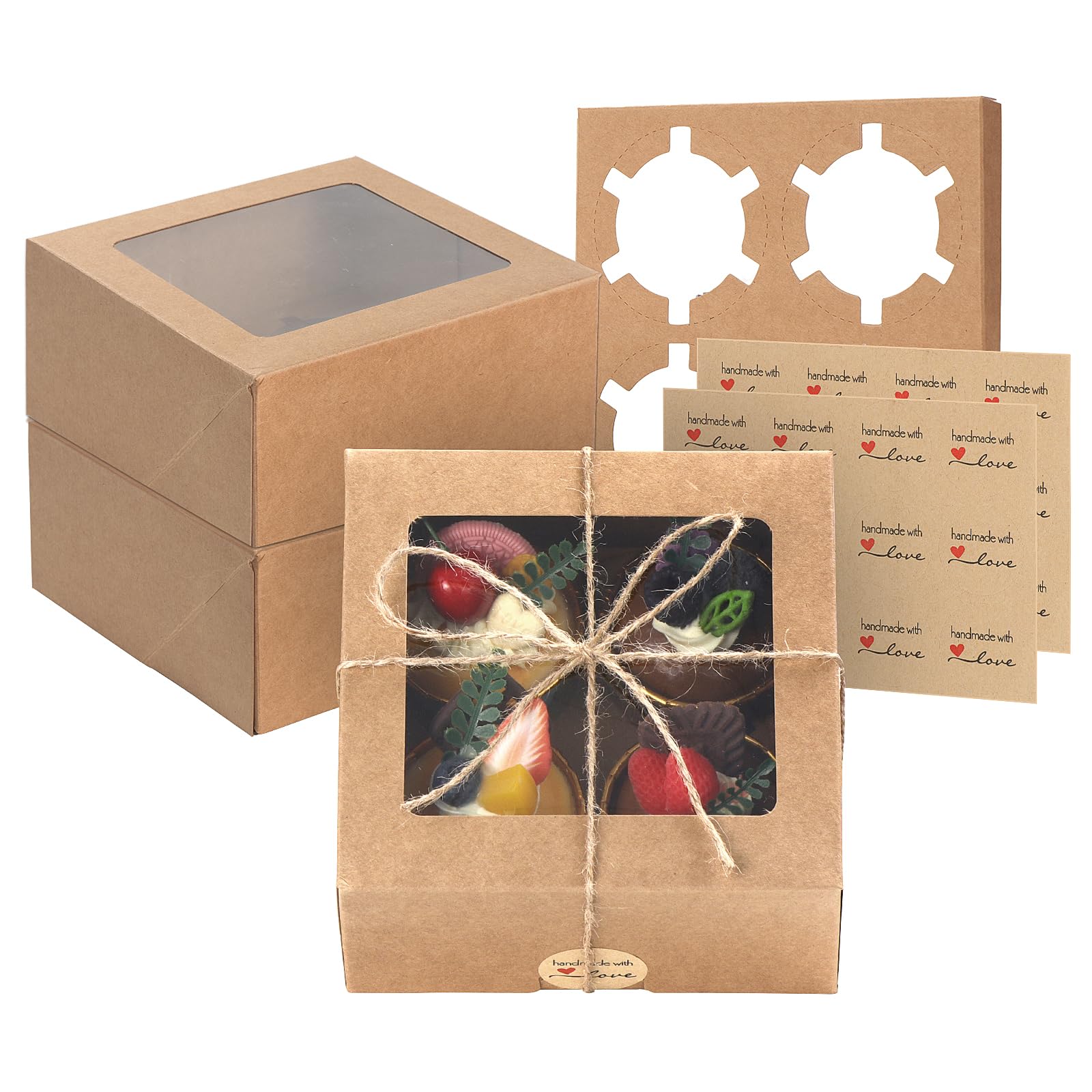 Coolty 20pcs Fold-free Cupcake Boxes 4 Hole Cupcake Carrier with Window and Insert Bakery Pastry Gift Packaging Boxes for Muffins Cupcakes Small Cakes Desserts Cookies Pies (Brown)