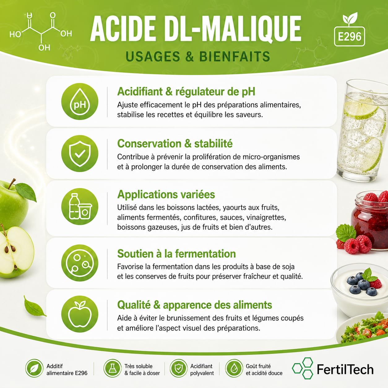 FertilTech Acide Malique Alimentaire 750 g Acidifiant Naturel Qualité Alimentaire Pour Boissons Confiseries et Pâtisseries Goût Acidulé Fruité Convient aux Recettes Maison Formule Vegan