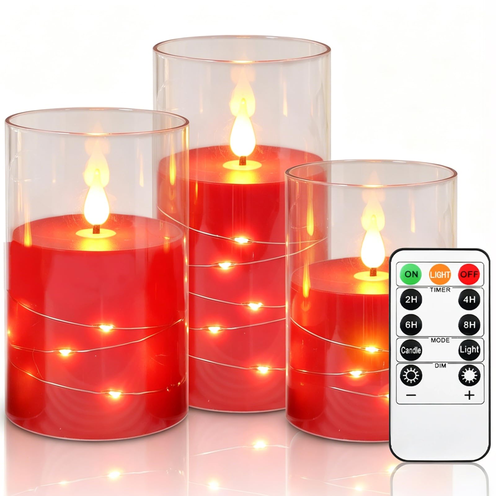 Wekity Flameless Orange LED Candles with String Lights, 3Pcs Battery Operated Flickering Pillar Candles with Remote & Timer, Realistic Electric Candles for Autumn Decor, Halloween & Gifting (Red)