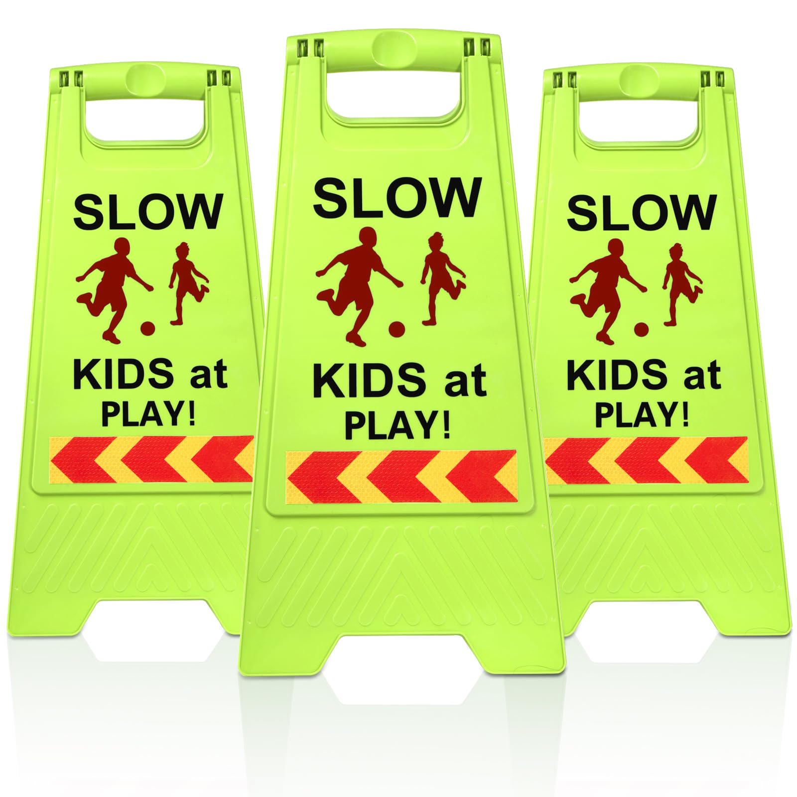 Covzoe 3 Pack Slow Kids at Play Sign, Children Playing Sign for Street with Reflective Tapes Handle, 24 Inch High Visibility Green Kids Pets Caution