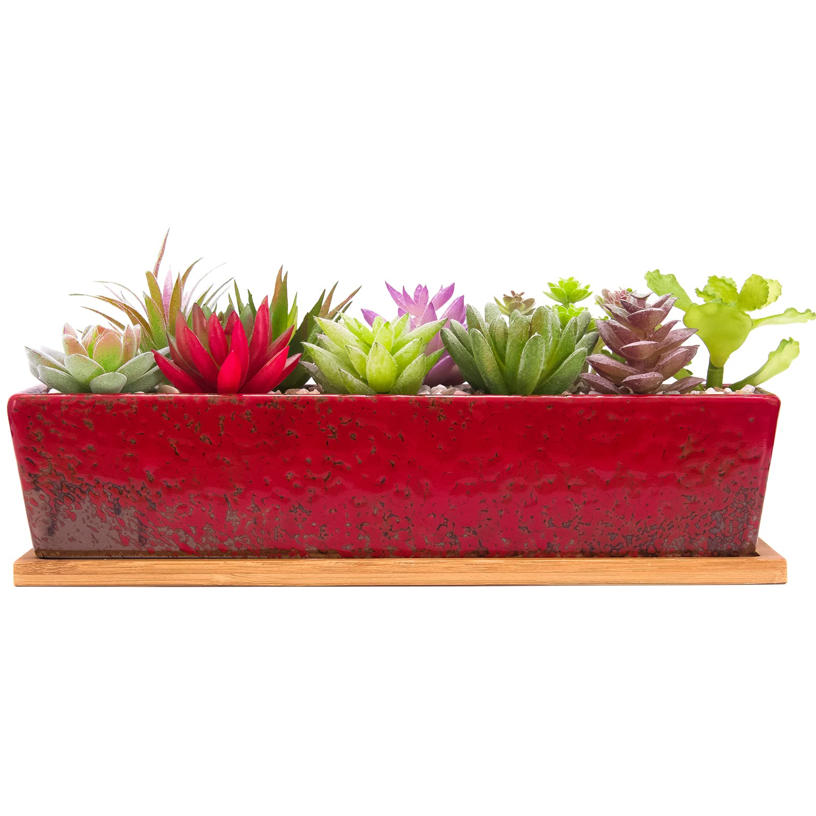 ARTKETTY Macetas de cerámica para suculentas de 30 cm, Modernos recipientes rectangulares Largos con Bandeja, Caja de Ventana Poco Profunda para bonsái de Cactus con Drenaje para decoración del hogar