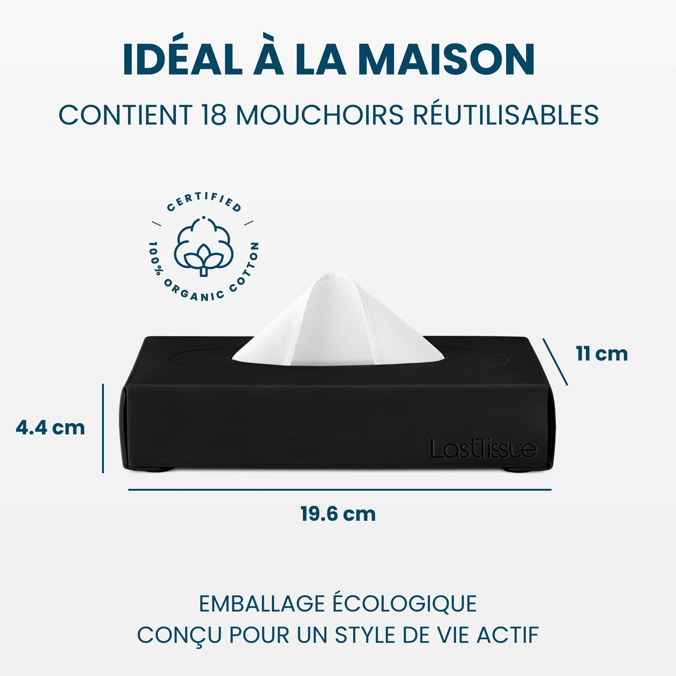 Boîte de mouchoirs en coton réutilisables LastTissue® | Serviettes pour le visage et mouchoirs pour hommes et femmes – Mouchoirs lavables et durables avec étui de rangement - Noir