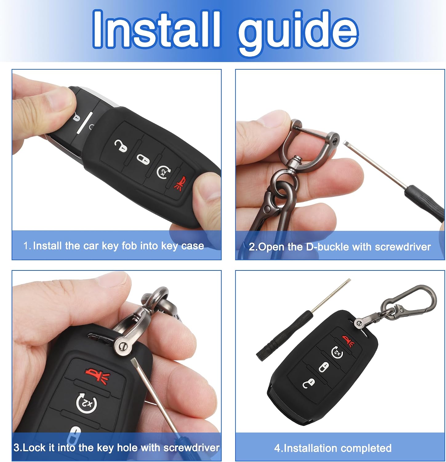 TOMALL 2 Pack for Dodge Key Fob Cover with Keychain, 4 Buttons Silicone Rubber Key Case Compatible with Dodge Ram 1500 2500 3500 2019 2020 2021 2022 2023 2024 2025 Keyless Entry Remote Control