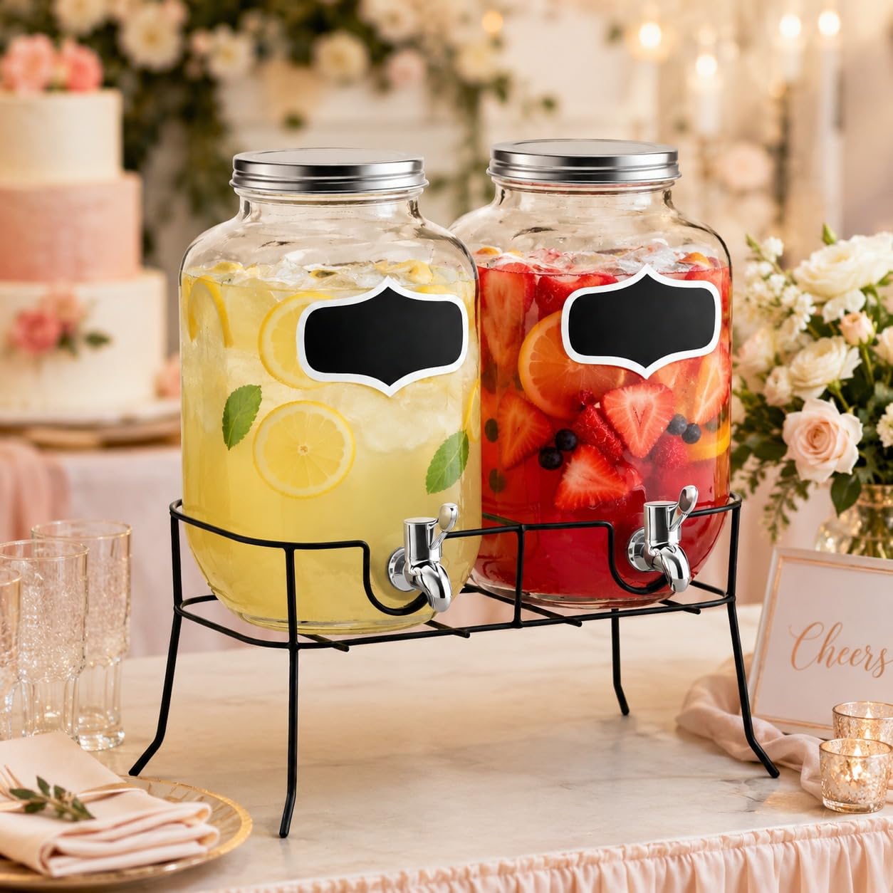Set 2 Dispenser Bevande in Vetro da 4L con Rubinetto e Supporto in Metallo, Capacità Totale 8L, Fontana per Bevande con Etichette Scrivibili, per Acqua, Limonata, Succhi, Cocktail e Feste
