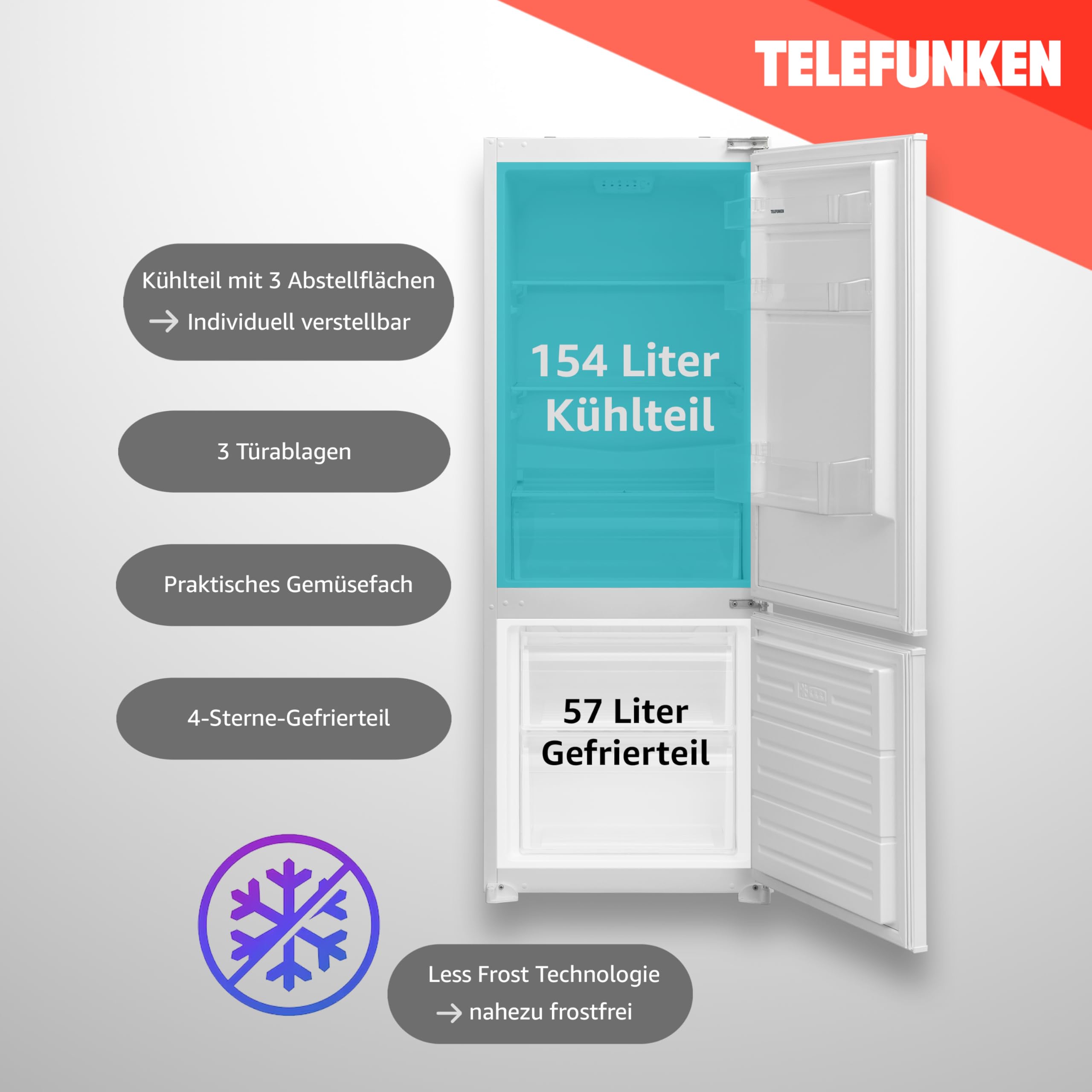 TELEFUNKEN Einbau-Kühl-Gefrierkombination 144cm 211 Liter Less Frost C-EKG-144-ST-E