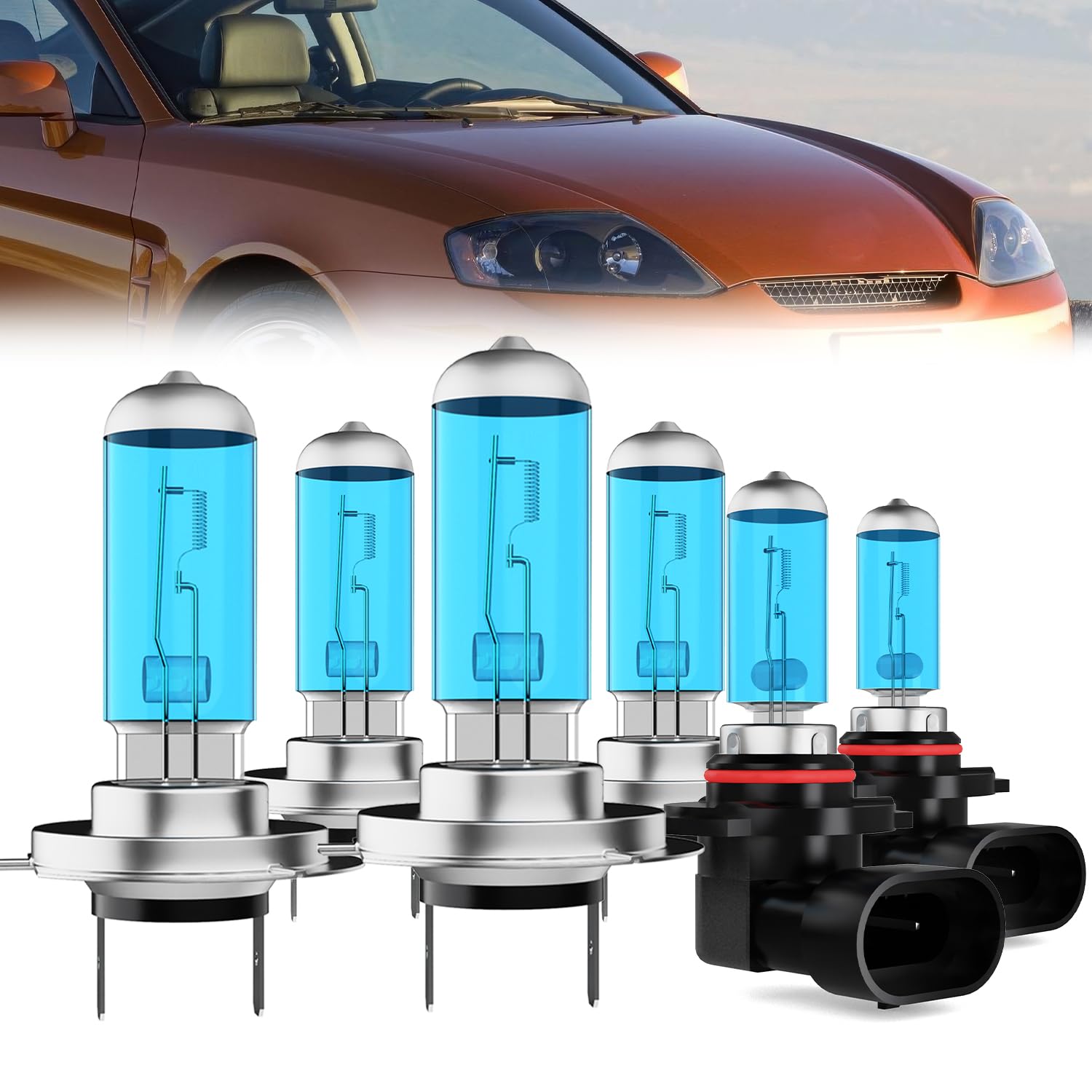 Headlight Bulbs Compatible With Hyundai Tiburon 2003-2006, H7 High Beam + H7 Low Beam + 9006 Fog Lights Halogen Light Bulb Combo, Super Bright 6000K White, Plug and Play, Pack of 6