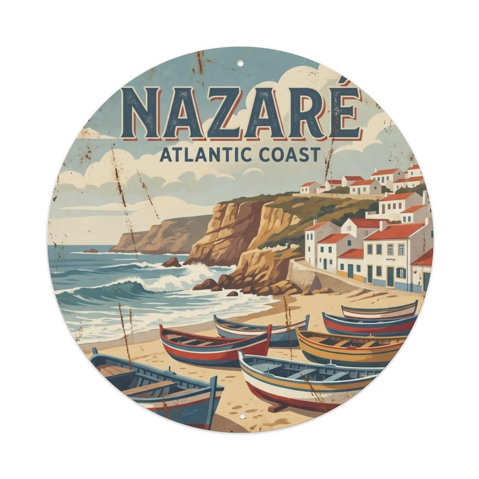 Vintage Travel Nazare Fishing Village Metal Tin Sign Plaque Wall Decor for Cafe, Club Bar, Office, Home Garden Round Metal Poster 8x8Inch