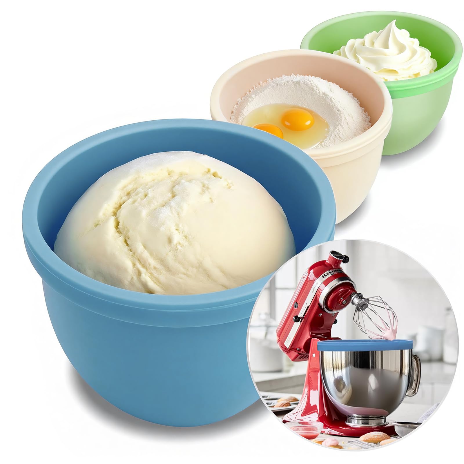 GuanQiao Silicone Bowl Liners for 5 Qt KitchenAid Mixers 3 Liners with Lids Blue Beige Green