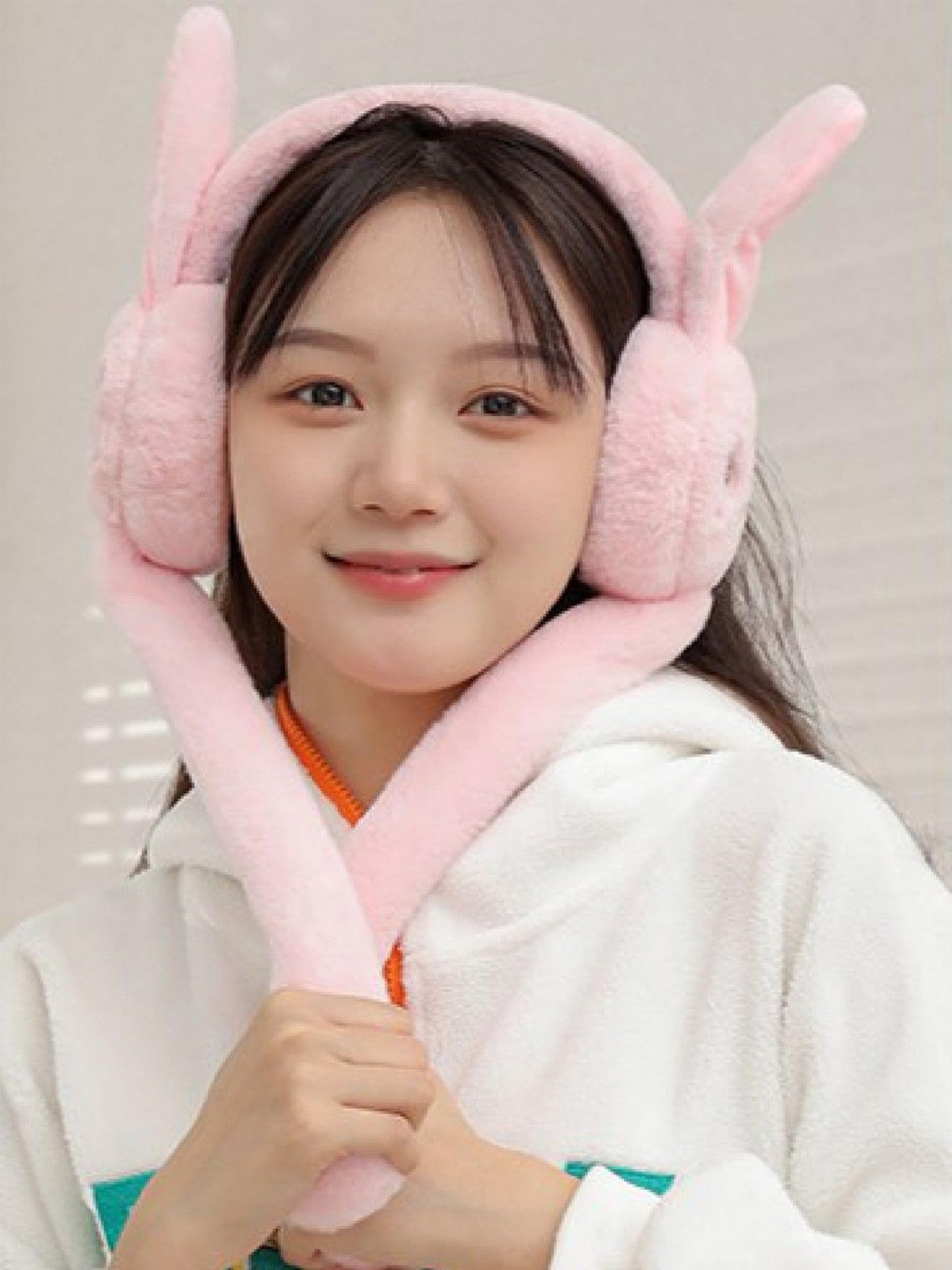 ogimi - ohh Give me Girls Bunny Ear Moving Earmuffs | Warm Plush Winter Ear Muffs with Animated Jumping Ears | Cute Kids Winter Headband | Soft Furry Noise-Blocking Ear Warmers - Pink 2