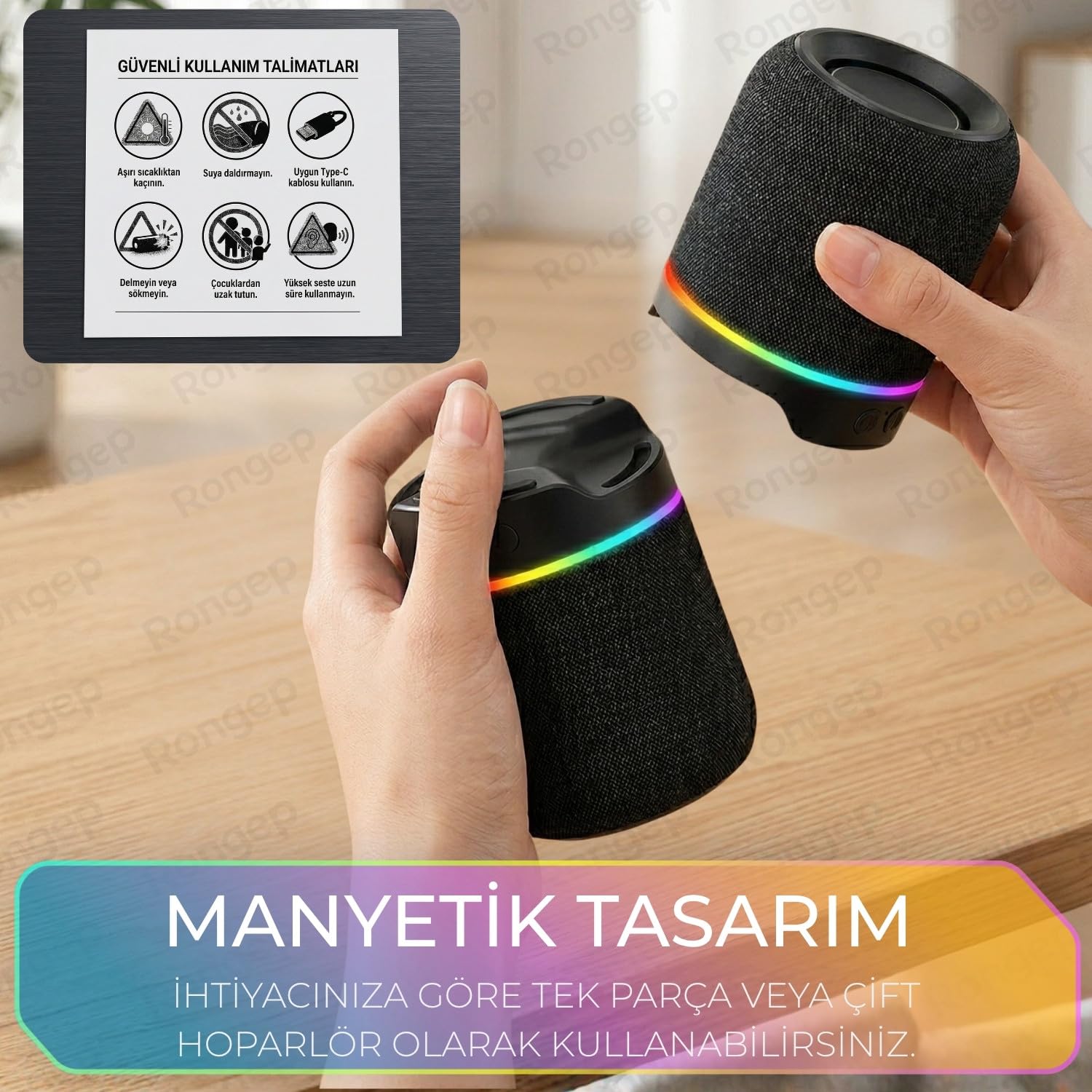 Rongep Taşınabilir Bluetooth Hoparlör Sound-Twin 10W TWS Stereo [Manyetik Özellikli] İki Parçaya Ayrılabilen RGB Işıklı IPX6 Suya Dayanıklı Type-C Şarjlı Kablosuz Speaker (Siyah)