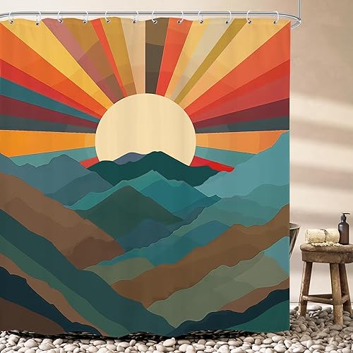 LIGHTINHOME Cortina de ducha bohemia de montaña de 72 pulgadas de ancho x 72 pulgadas de alto, abstracto, puesta de sol, moderno, vintage, vintage,