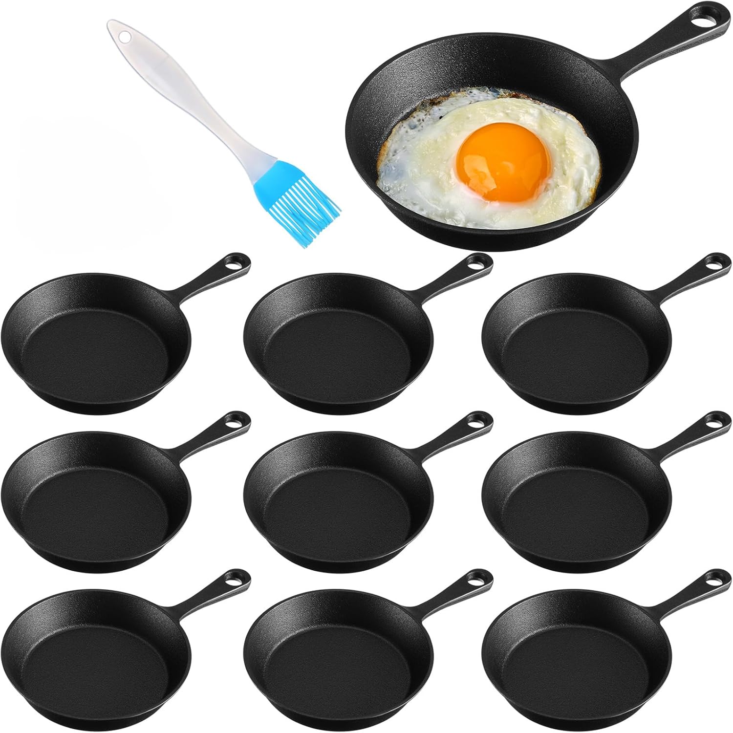 Remerry 10 Sets 4 Inches Cast Iron Skillets Mini Black Iron Nonstick Frying Pan Small Sizzling Plate Egg Pan Cast Pot Bundle with Oil Brush for Indoor and Outdoor Restaurant Kitchen