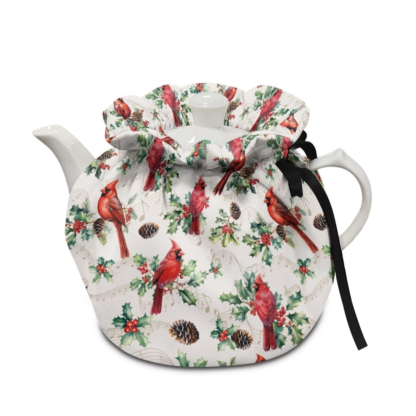 Sellikakes Christmas Bird Berry Teapot Cosy Creative Kitchen Home Teapot Dust Protector Cover with Drawstring Soft Fabric Tea Kettle Cover Decorative Accessories