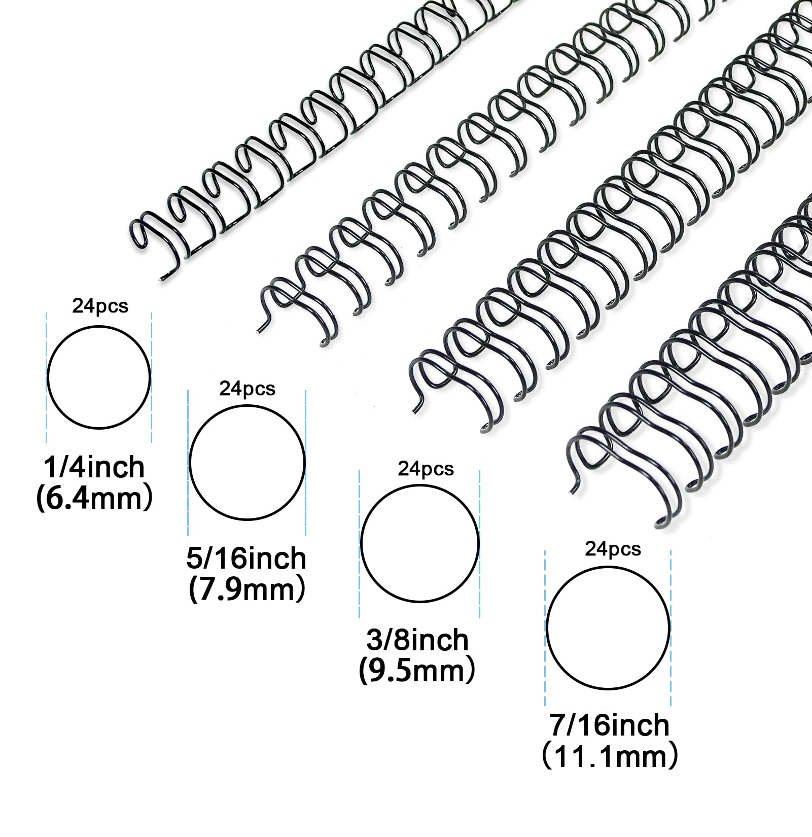 Rayson Lot de 96 reliures à double boucle, tailles mixtes (0,6 cm, 5/16", 3/8", 7/16"), pas 3:1 32 boucles, noir, lot de 96
