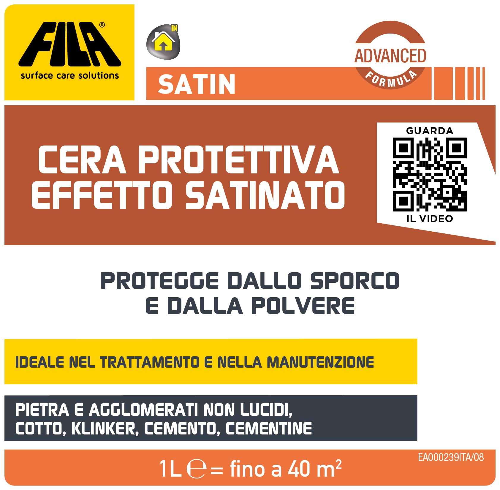 Fila Surface Care Solutions, Satin, Cera Protettiva Ad Effetto Satinato Ideale per Pavimenti in Cotto, Klinker, Pietra e Agglomerati Non Lucidi, Cementine, 1L