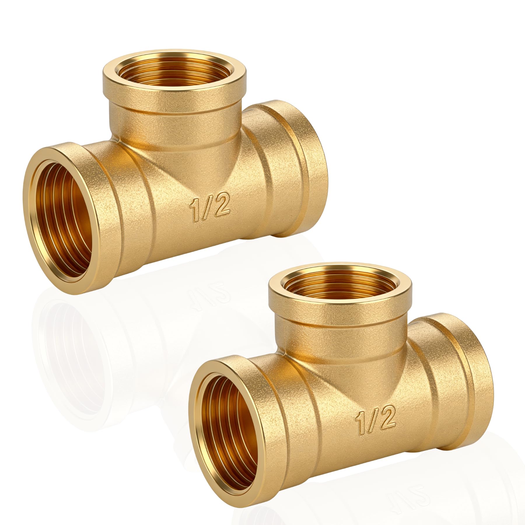T-Stück 90° G1/2 Zoll Ig Messing, 2 Stück Messing T-Stücks G1/2"(Ø19,5mm) IG/IG/IG, DN15, Abzweig Verteilerstück Innengewinde für Trinkwasser geeignet Gewindefitting Messingfitting