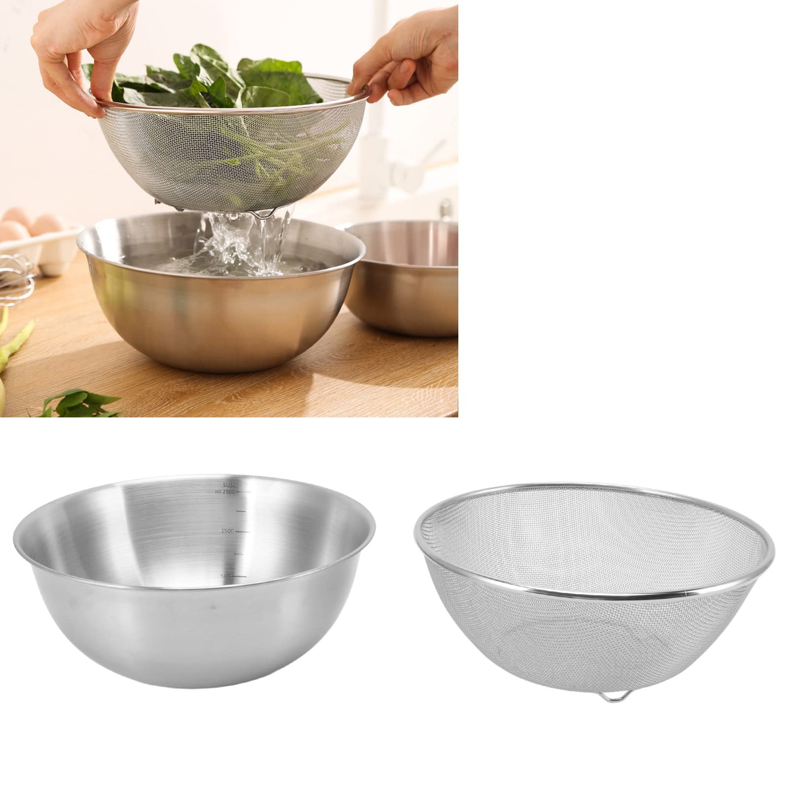 Cocoarm Colino in Acciaio Inossidabile, Colino per Riso in Insalatiera 304 24 Cm con Drenaggio Microporoso da 2 Mm, Impilabile per Lavare Chicchi di Riso Verdura Frutta in Domestica (Ciotola+schermo