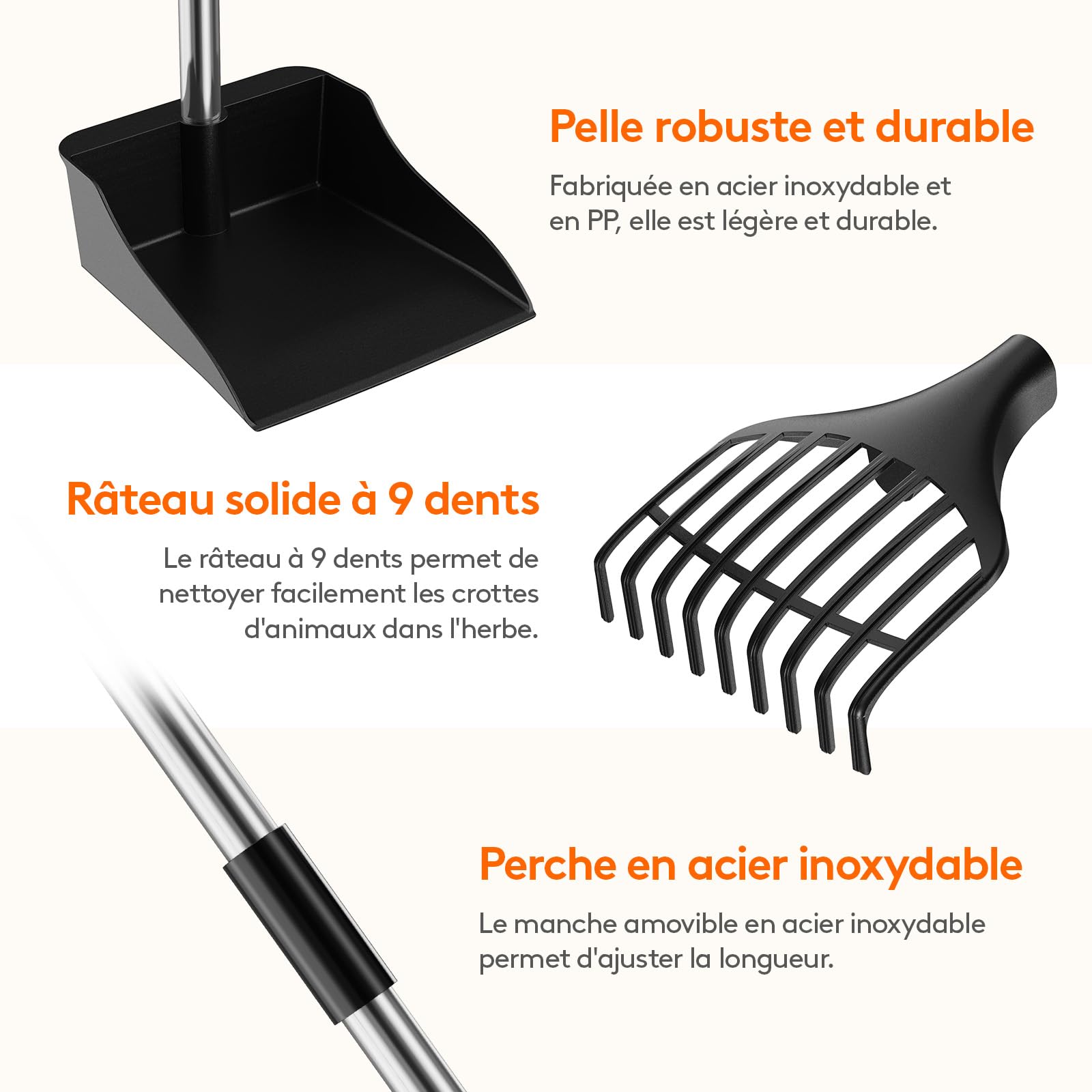 Lifewit Pelle à déjections canines en plastique pour chiens de taille moyenne et petite, poteau réglable en métal inoxydable à long manche avec râteau et plateau pour pelouses, cour, herbe