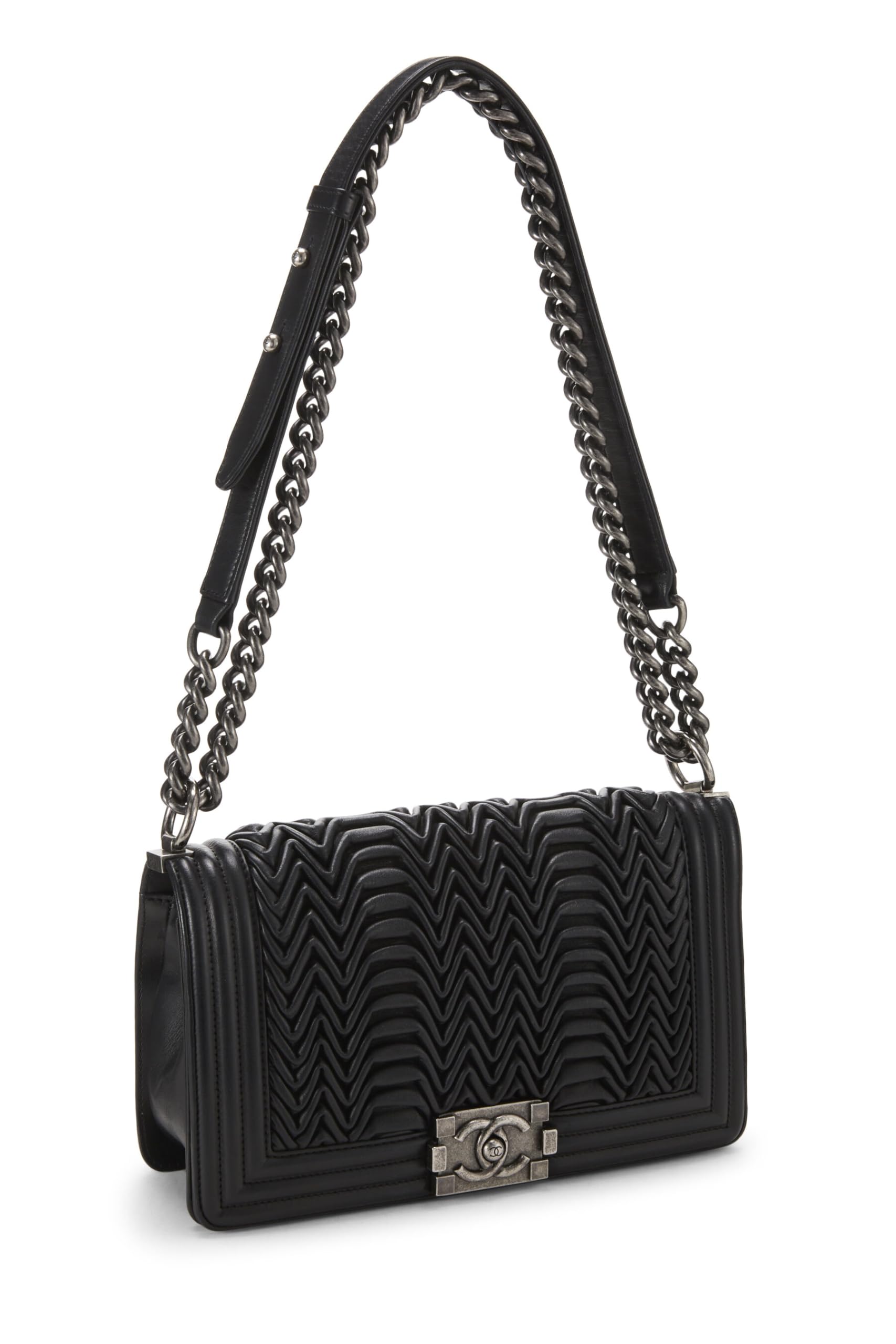 Chanel, Pre-Loved Black Chevron Pleated Lambskin Boy Bag Medium, Black
