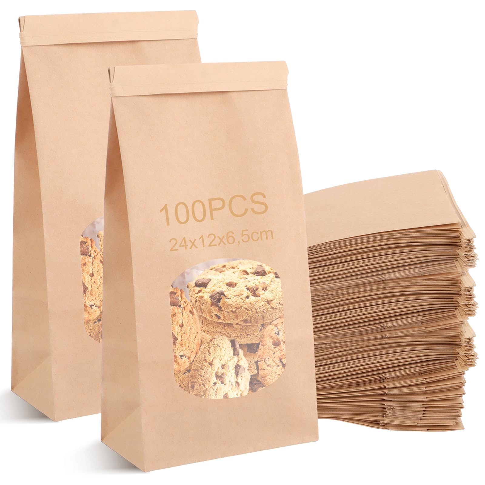 YAYODS 100 sacchetti di carta con finestra, 24 x 12 x 6,5 cm, sacchetti di carta kraft piccoli, sacchetti di carta marrone con chiusura, per biscotti, toast, panini, caramelle, chicchi di caffè