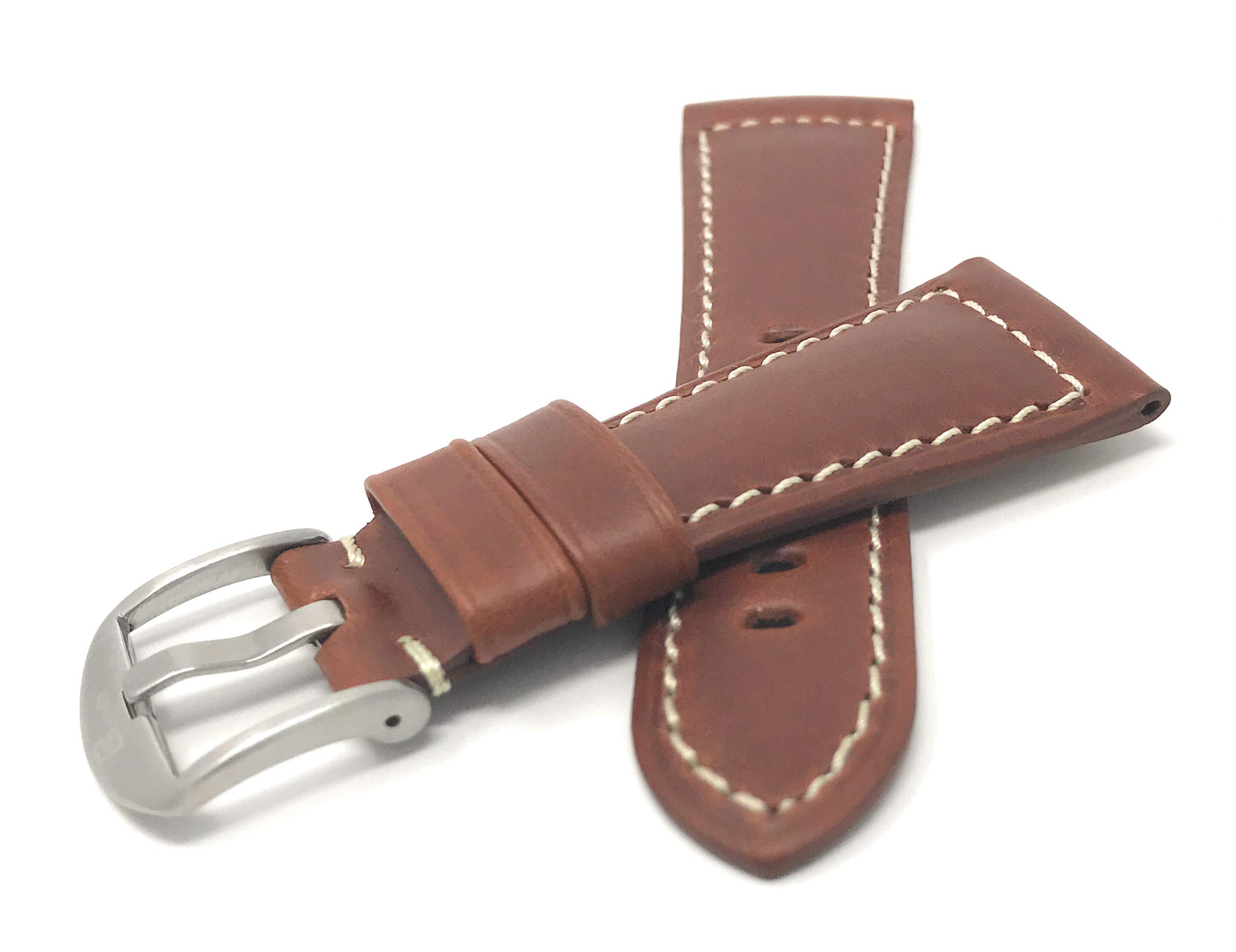 Bandini 24mm Mens Italian Leather Watch Band Strap - Brown - White Stitch - Buffalo Pattern