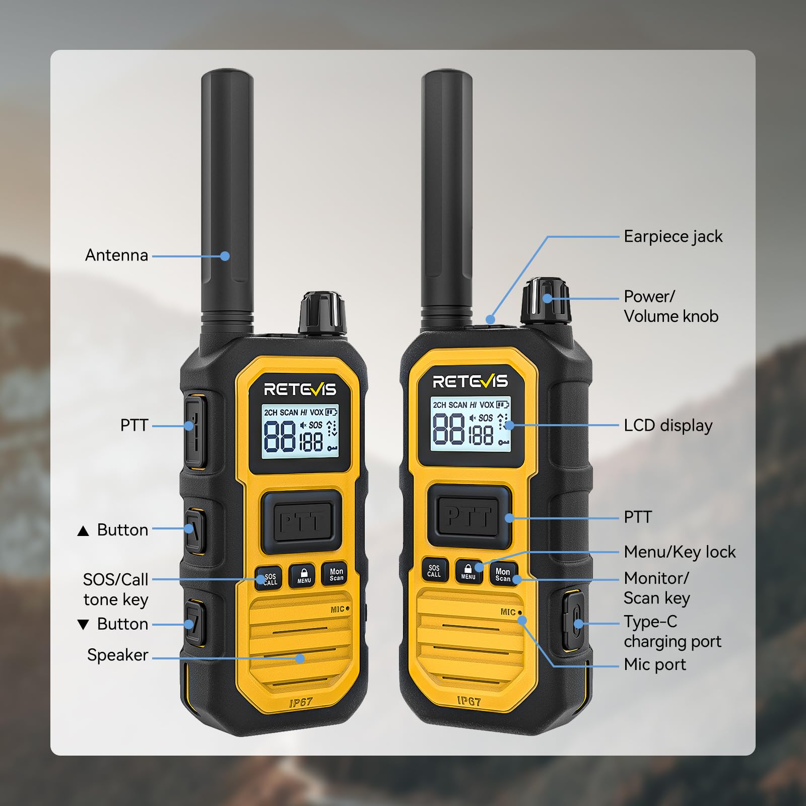Retevis RB648 Plus Walkie Talkie a Lungo Raggio, Radio Bidirezionale Robust, Tripla Protezione Avanzata, Impermeabile IP67, 2000 mAh, Ricetrasmittenti Portatile per Ambienti Difficili(4 Pezzi, Giallo)