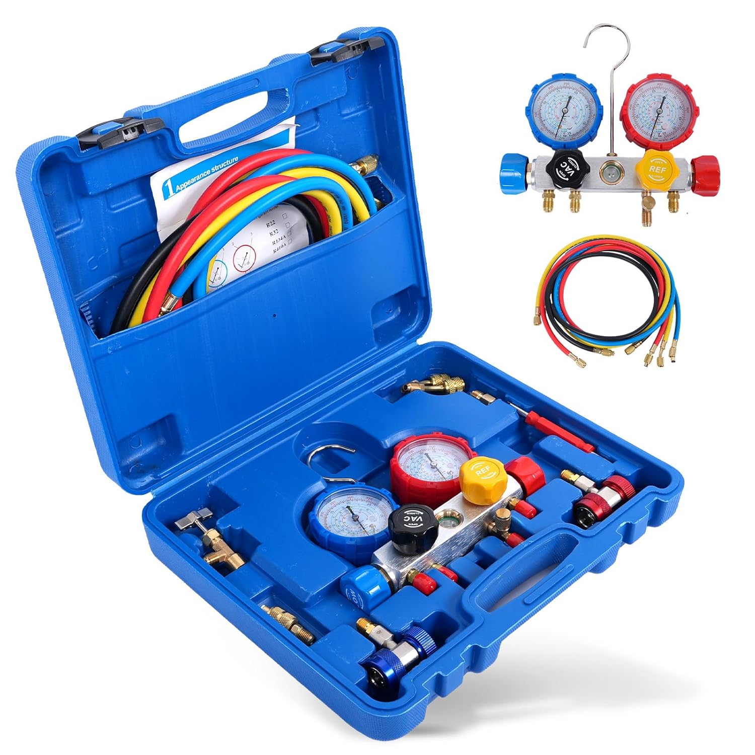 SINOCMP 4 Way HVAC Manifold Gauge Set, Ac Manifold Gauge Set for R32/R410A/R134a Gauge Set, A/C R22 R404A Diagnostic Refrigerant Gauges with Hoses Tool Kit