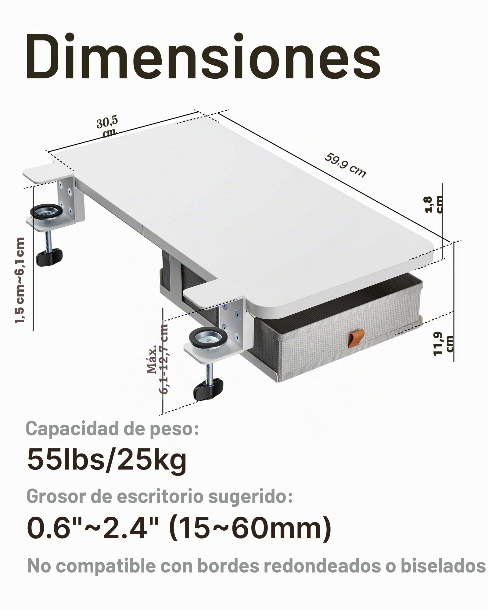 PEGZONE Extensión de escritorio con cajones de almacenamiento, 600 x 300 mm, ampliación ergonómica para escritorio, bandeja para teclado, estante para reposabrazos, adecuado para el hogar y la oficina