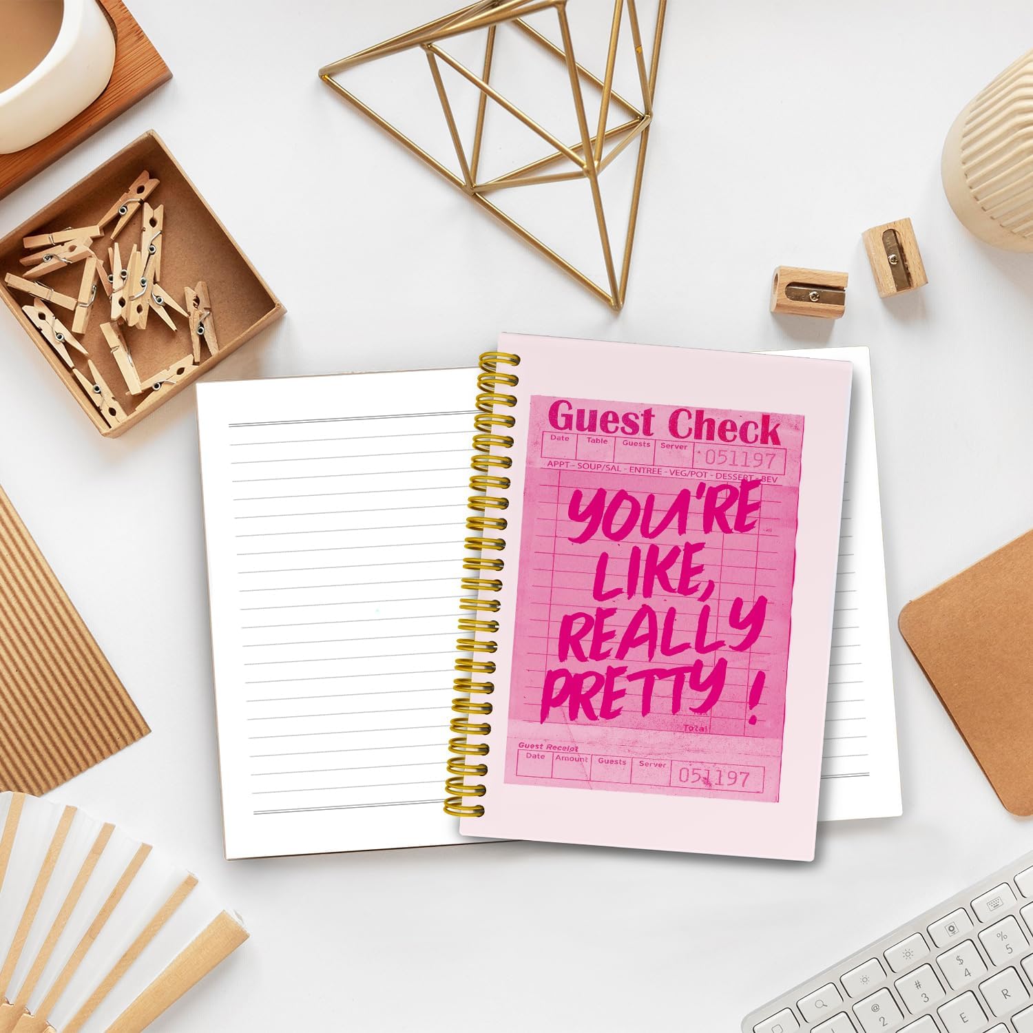 LiTiu Pink Preppy Trendy Spiral Notebook,Coquette Girly Style Journaling Notebook for Teen Girls Women,Guest Check Funky Hardcover Spiral Notebook,80 Sheets 5.8x8.3 - Image 5