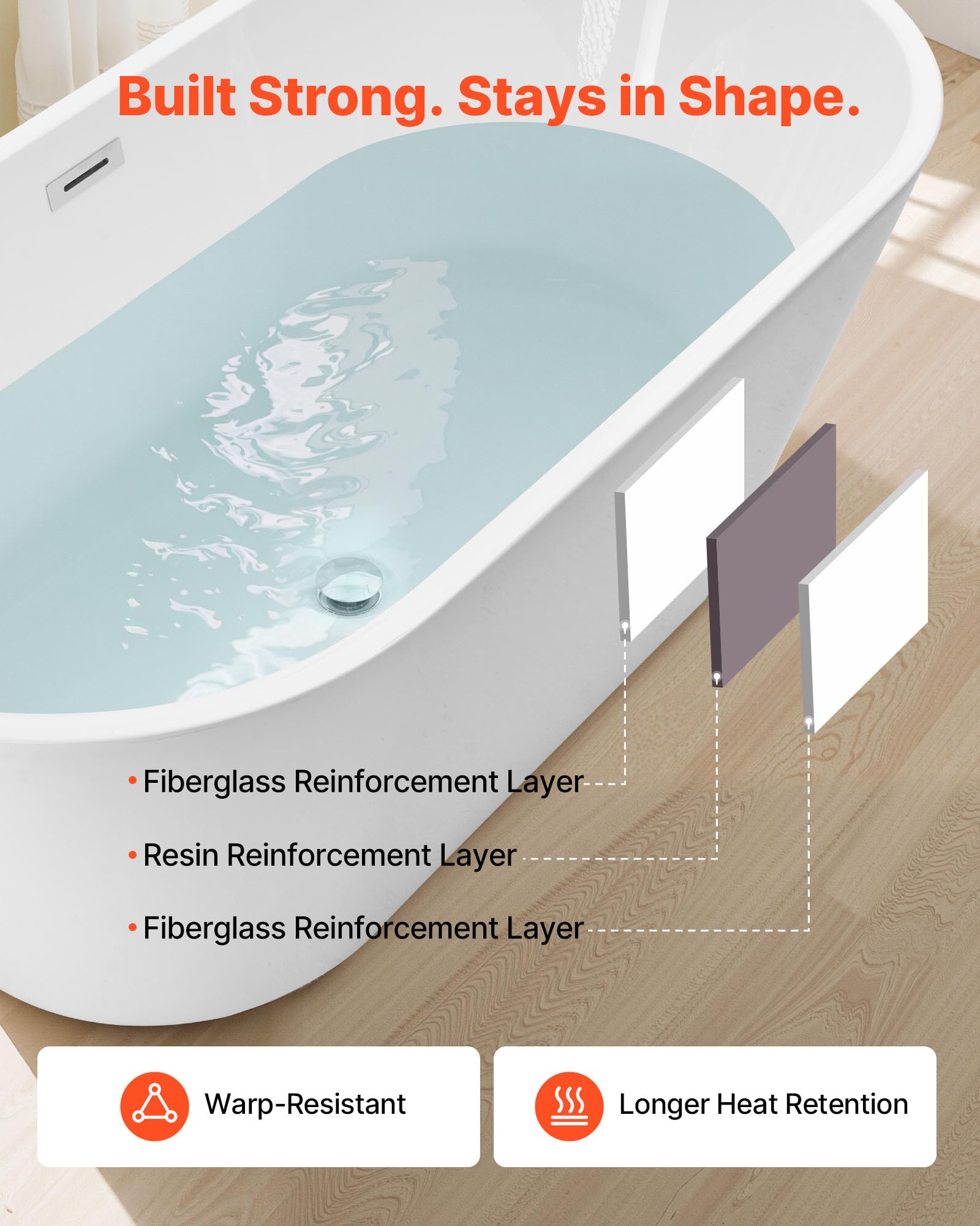 VEVOR Bañera Exenta 150 x 75 x 58 cm, Bañera Independiente Acrílica de Oval 230 L, Conjunto de Desagüe y Rebosadero con Acabado en Cromo Pulido, Diseño Elegante, para Baño Moderno Hidromasaje, Blanco