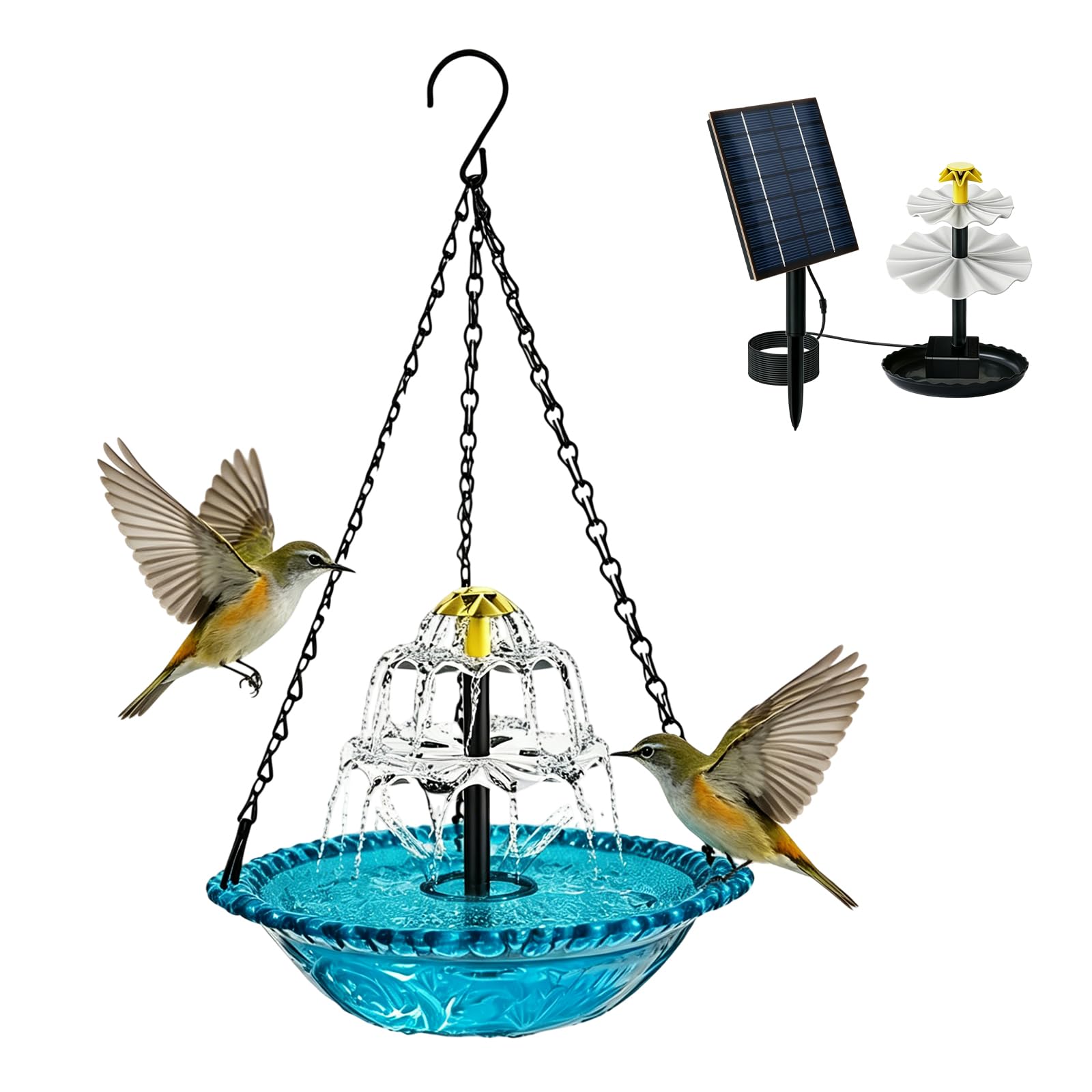 Bain d'oiseaux suspendu avec fontaine solaire, bain d'oiseaux à 3 niveaux avec eau courante, bain d'oiseaux solaire pour jardin, balcon, terrasse, bleu, chaînes en métal pour décoration et soin des
