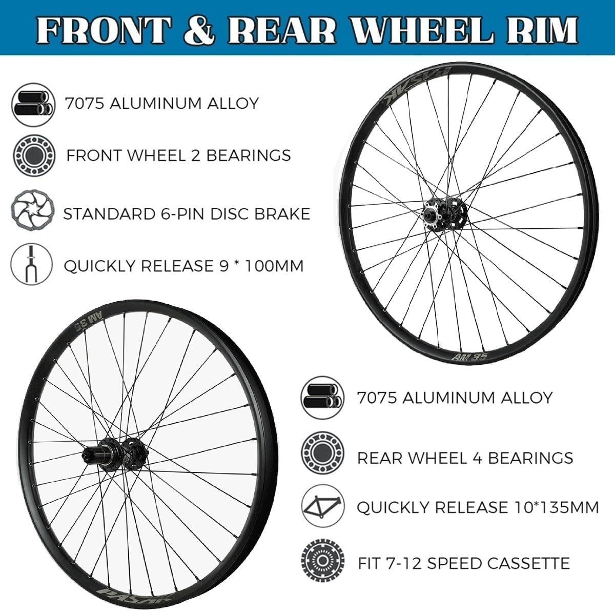 MTB Räder 26/27,5/29 Zoll | 35 mm Felge 32 Löcher | Scheibenbremsen | 135 mm Steckachsnabe | Kompatibel mit 7–12-fachen Kassettenschaltungen | Für Dirt Jump, Cross Country & All Mountain QR,26in
