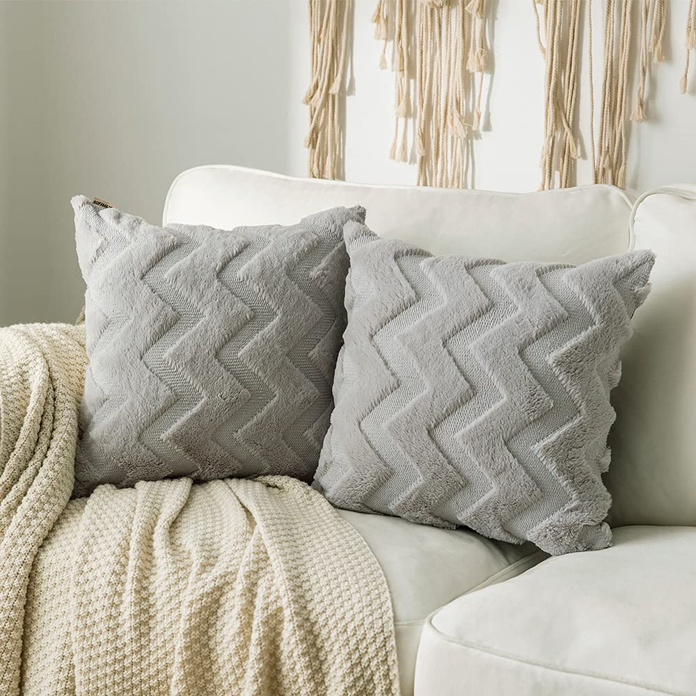 SofaMATE Pack of 2 Throw Pillow Cover Grey Boho Home Decorative Cushion Covers with Cotton Luxury and Super Soft Plush Short Wool Pillow Cases for Sofa Couch and Bedroom 20x20 inch