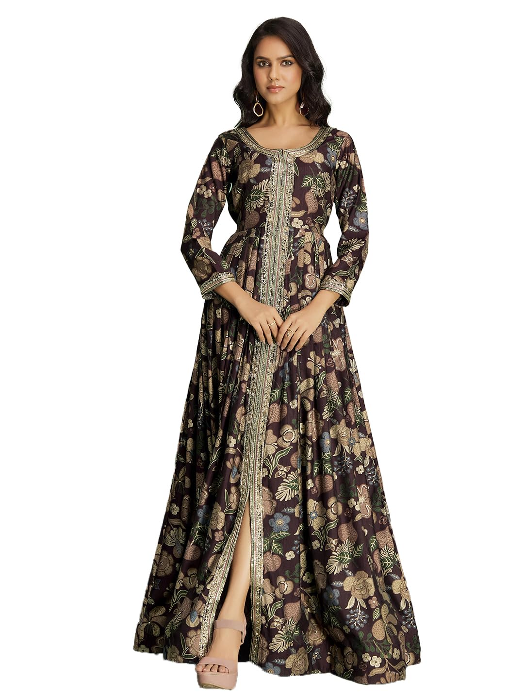 madhuram textiles Women's vetican Print with Hand Embroidery Work Anarkali Front Slit Open Long Gown(M-2545)