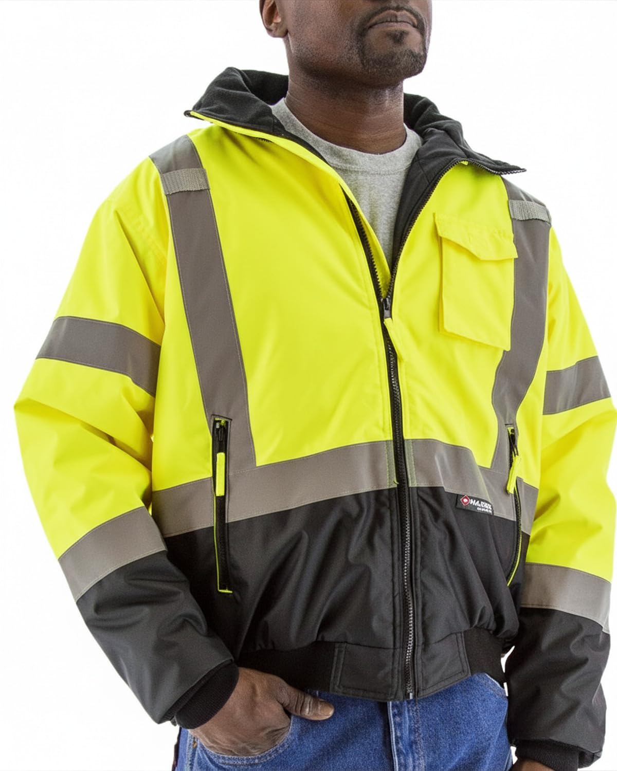 Hi Vis Waterproof Jacket with Removable Warm Fleece Liner, Conceal/Detach Hood, Bomber Safety Jacket,ANSI 3 Type R