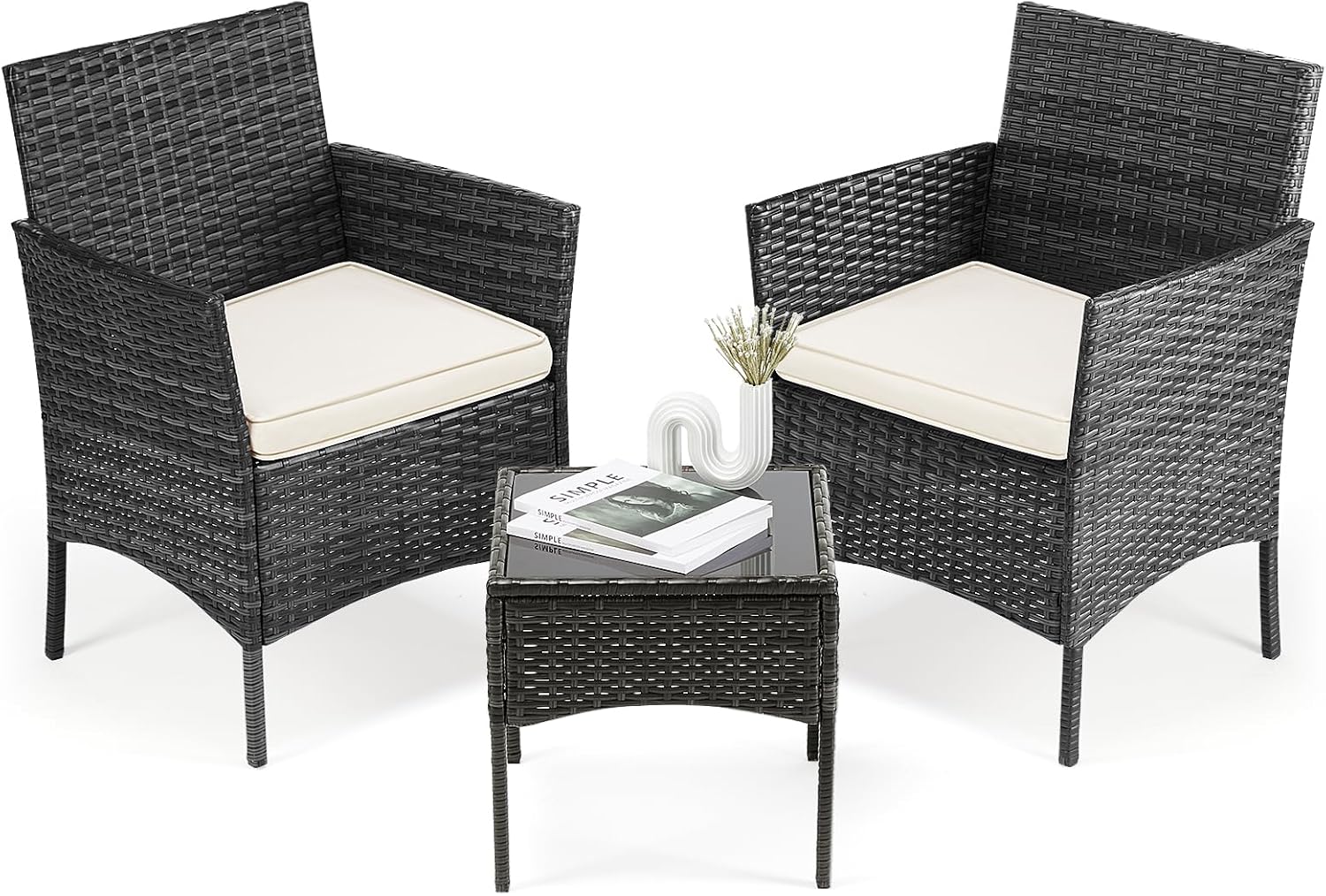 Sweetcrispy Patio Furniture Set 3 Pieces, Outdoor Furniture with Soft Cushion and Glass Table, All Weather Manual Weaving Wicker Rattan Patio Chairs for Garden, Terrace, Porch, Lawns, Black