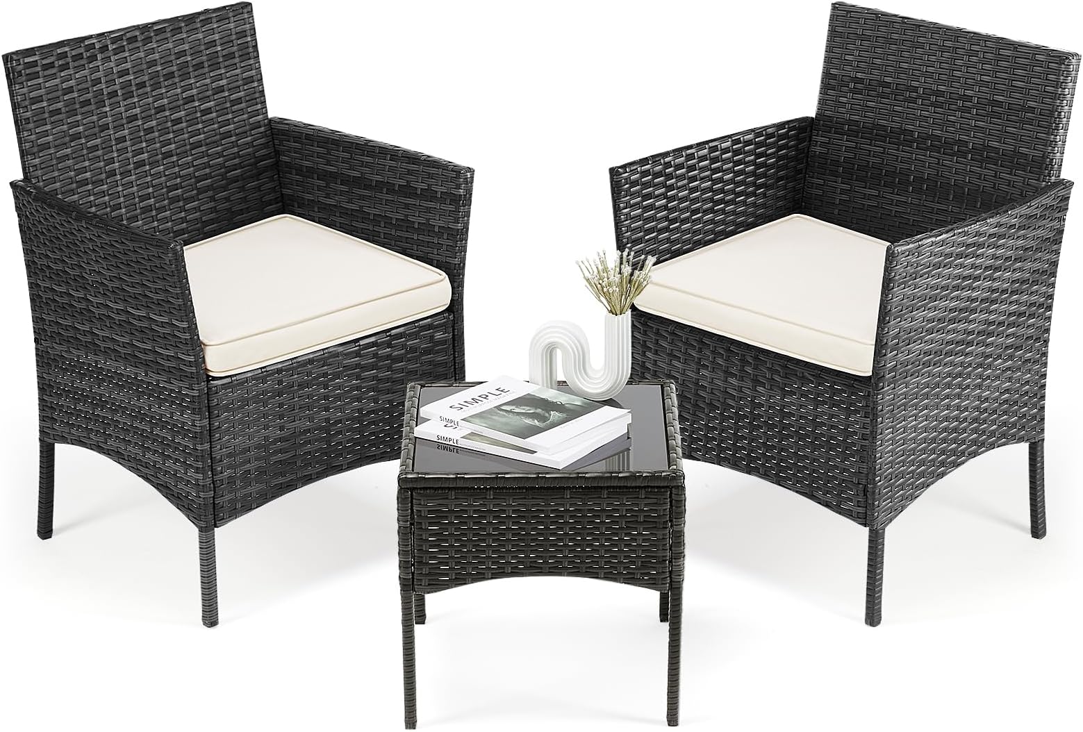 DUMOS 3 Piece Patio Furniture Set, All-Weather Outdoor Wicker Chairs with Removable Cushions & Tempered Glass Table, Small Bistro Set for Porch, Balcony, Lawn, Backyard, Black