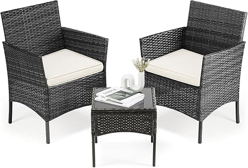 DUMOS 3 Piece Patio Furniture Set, All-Weather Outdoor Wicker Chairs with Removable Cushions & Tempered Glass Table, Small Bistro Set for Porch, Balcony, Lawn, Backyard, Black