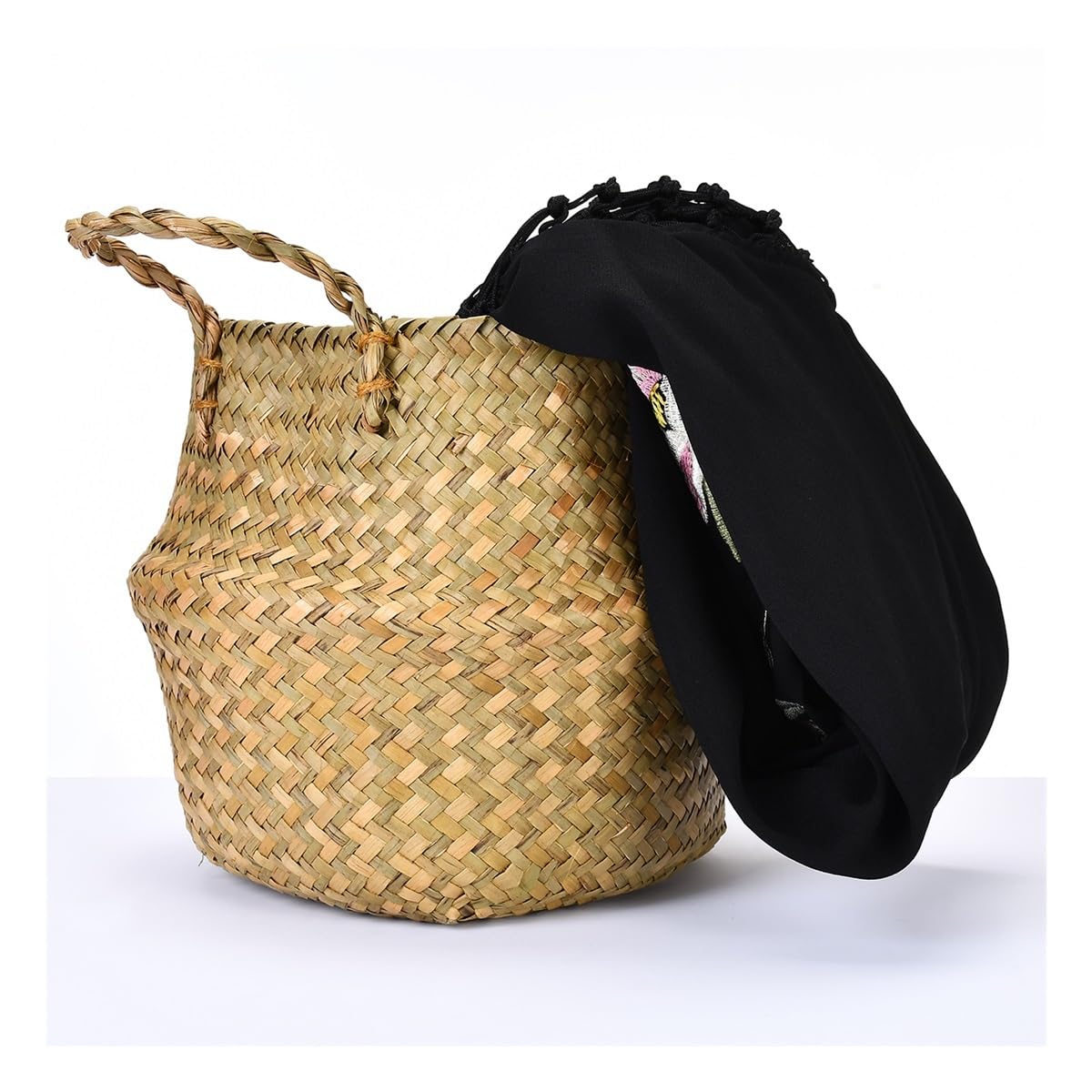 Panier de rangement tissé en jonc de mer naturel fait à la main - Panier à linge pliable en paille et rotin - Sac de plage (22 x 20 cm)