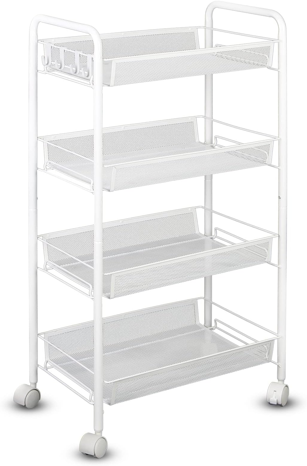 Rolling Push Cart Stand Shelves, Storage Rack with Wheels with Mesh Wire Basket, Multifunction Metal Trolley Organizer for Home, Office, Bedroom, Bathroom, Kitchen (4-Tier White)