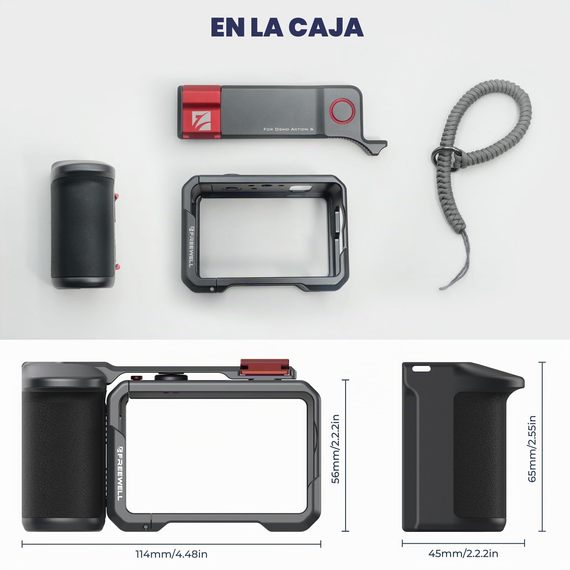 Freewell Creator Pro - Jaula para dji Osmo Action 6 con Agarre Xplorer | montaje de conexión rápida, zapata fría, rosca de 1/4 a 20 + agujero de posicionamiento ALAI, kit de aparejo de aluminio a