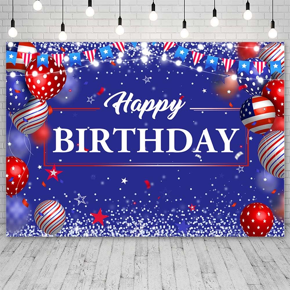 AIBIIN 7x5ft Blue Happy Birthday backdrop for Photography Independence Day Happy 4th of July Background Red White Blue Balloons Flags Party Decorations Banner Supplies Photo Props