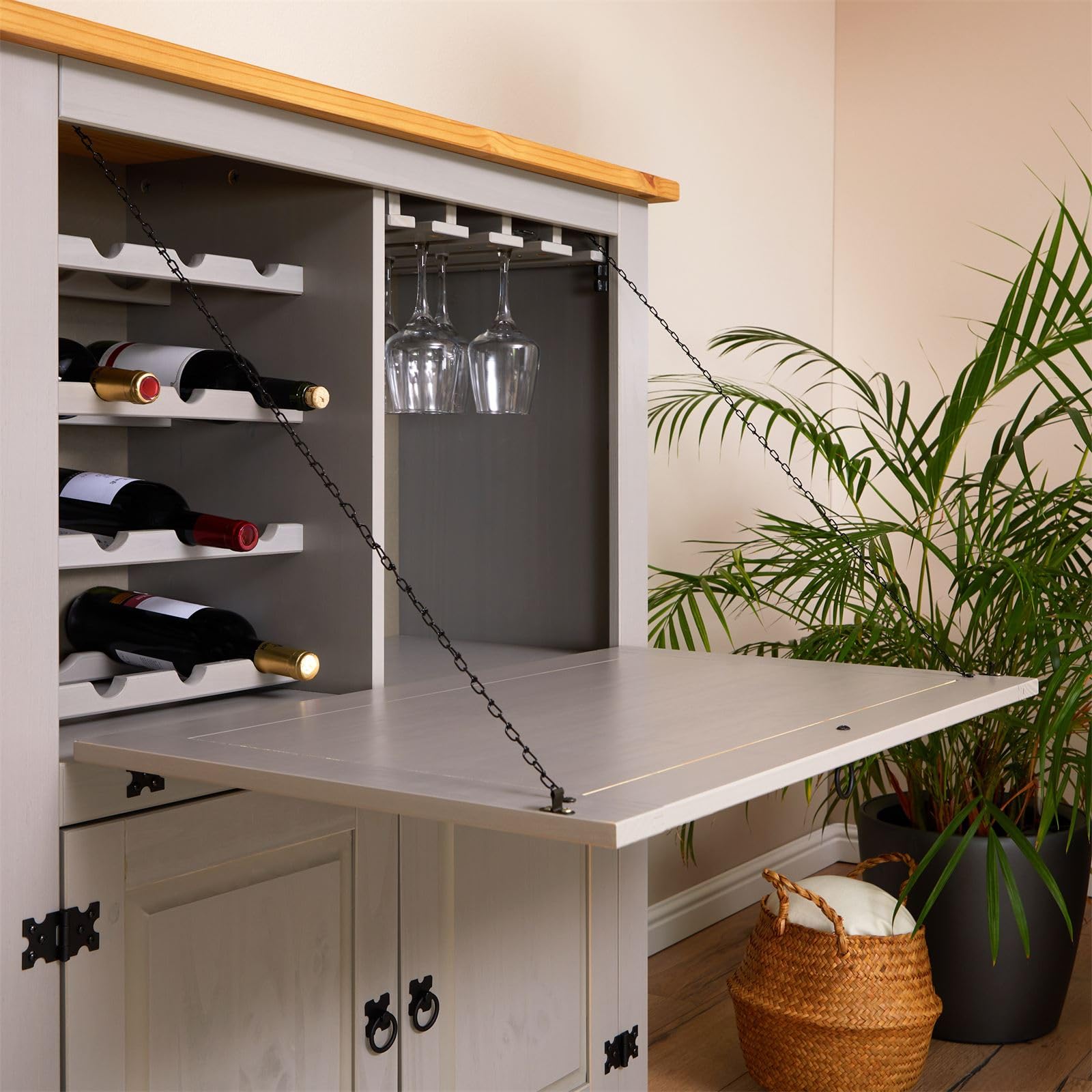 IDIMEX Meuble Bar à vin Tequila Armoire comptoir avec Range Bouteilles vin spiritueux et Range Verres, bahut de Style Mexicain en pin Massif lasuré Gris et Brun