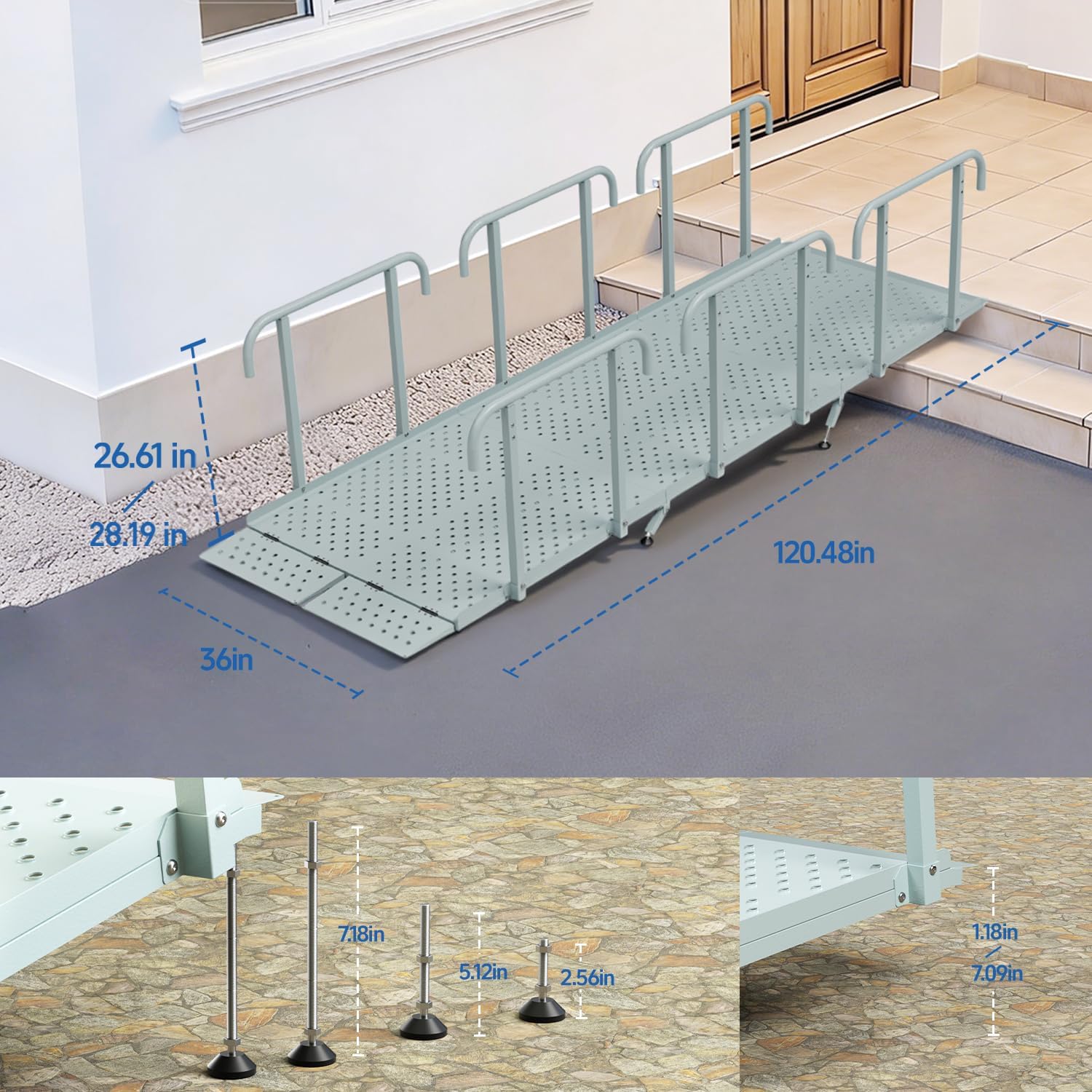 10'L x 36" W Portable Wheelchair Ramp with Handrails, Non-Slip Heavy Duty Handicap Ramp 850lbs Load Capacity, Wheelchair Ramp for Home Steps, Stairs, Doorway